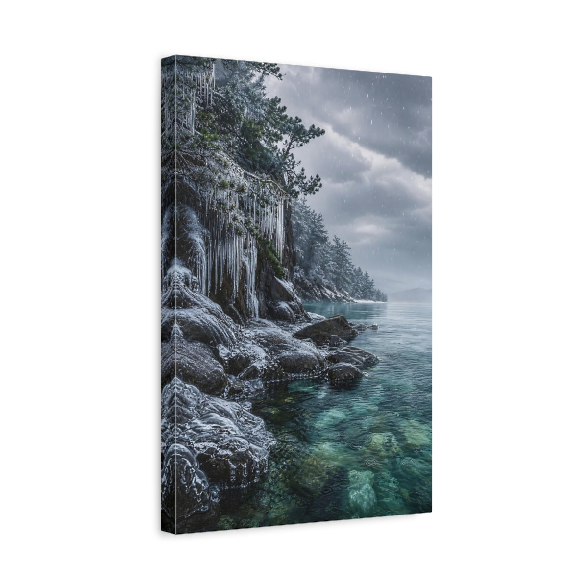 Side Mockup 4. Nature Frozen Lake Winter Lake Blue shown as stretched canvas wall art