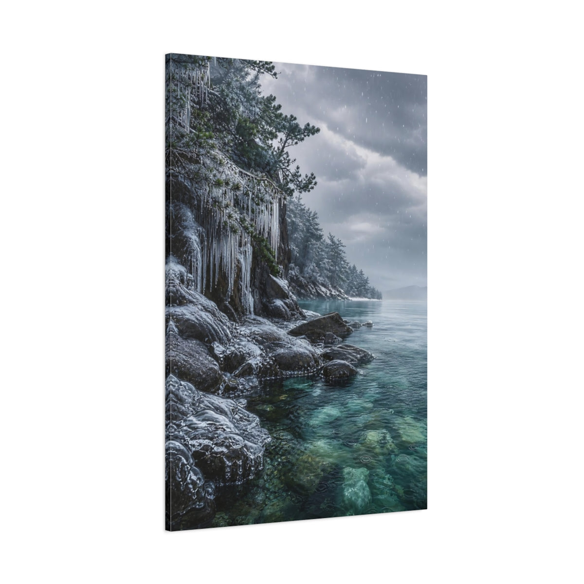 Side Mockup 1. Nature Frozen Lake Winter Lake Blue shown as stretched canvas wall art