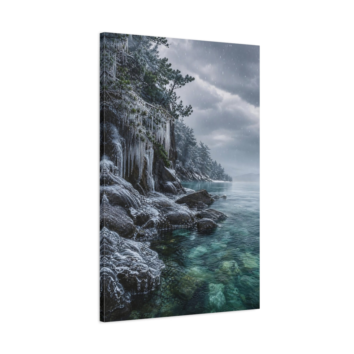 Main Mockup. Nature Frozen Lake Winter Lake Blue shown as stretched canvas wall art