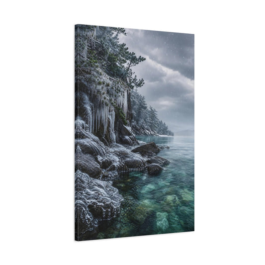 Main Mockup. Nature Frozen Lake Winter Lake Blue shown as stretched canvas wall art