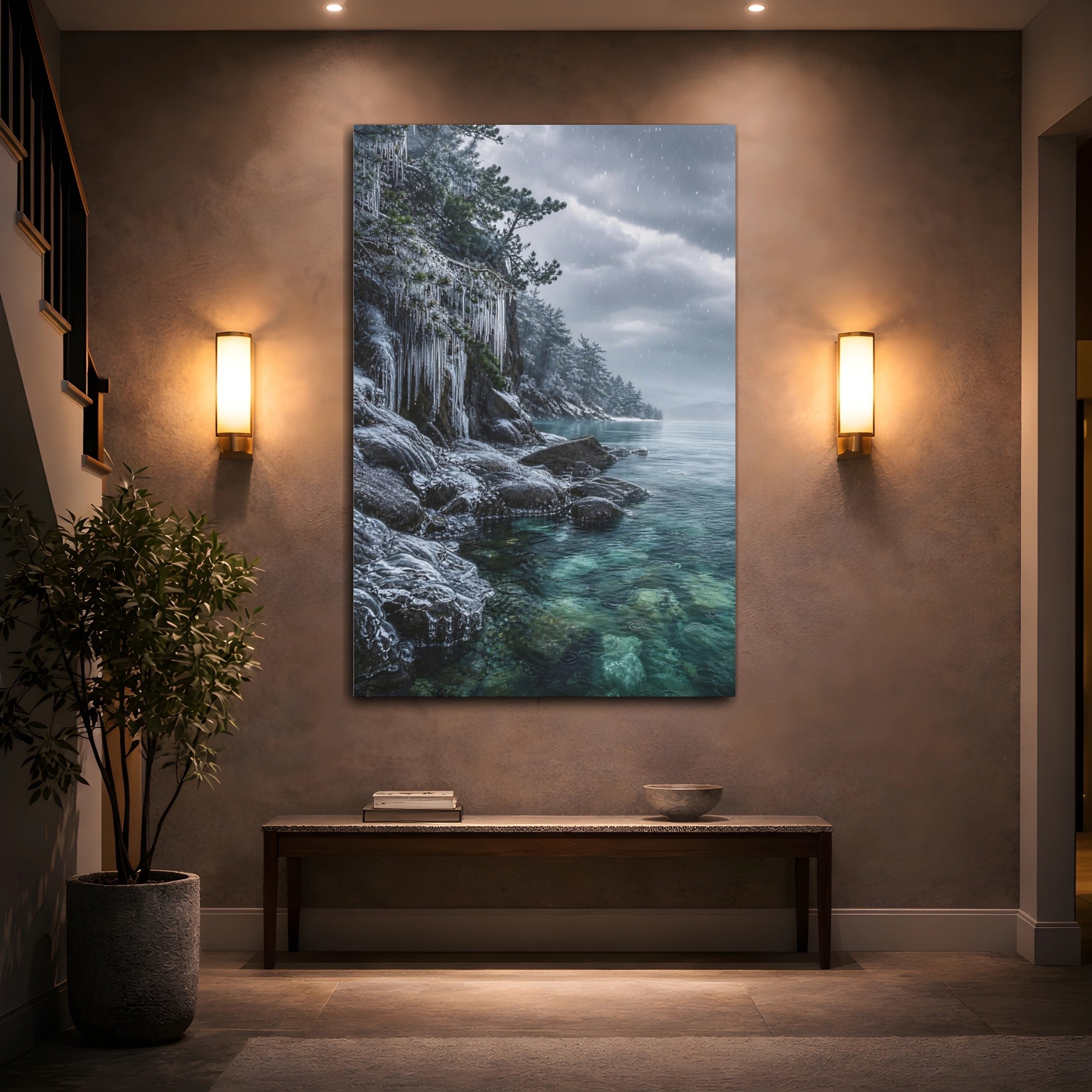 Mockup 2. Nature Frozen Lake Winter Lake Blue shown as stretched canvas wall art