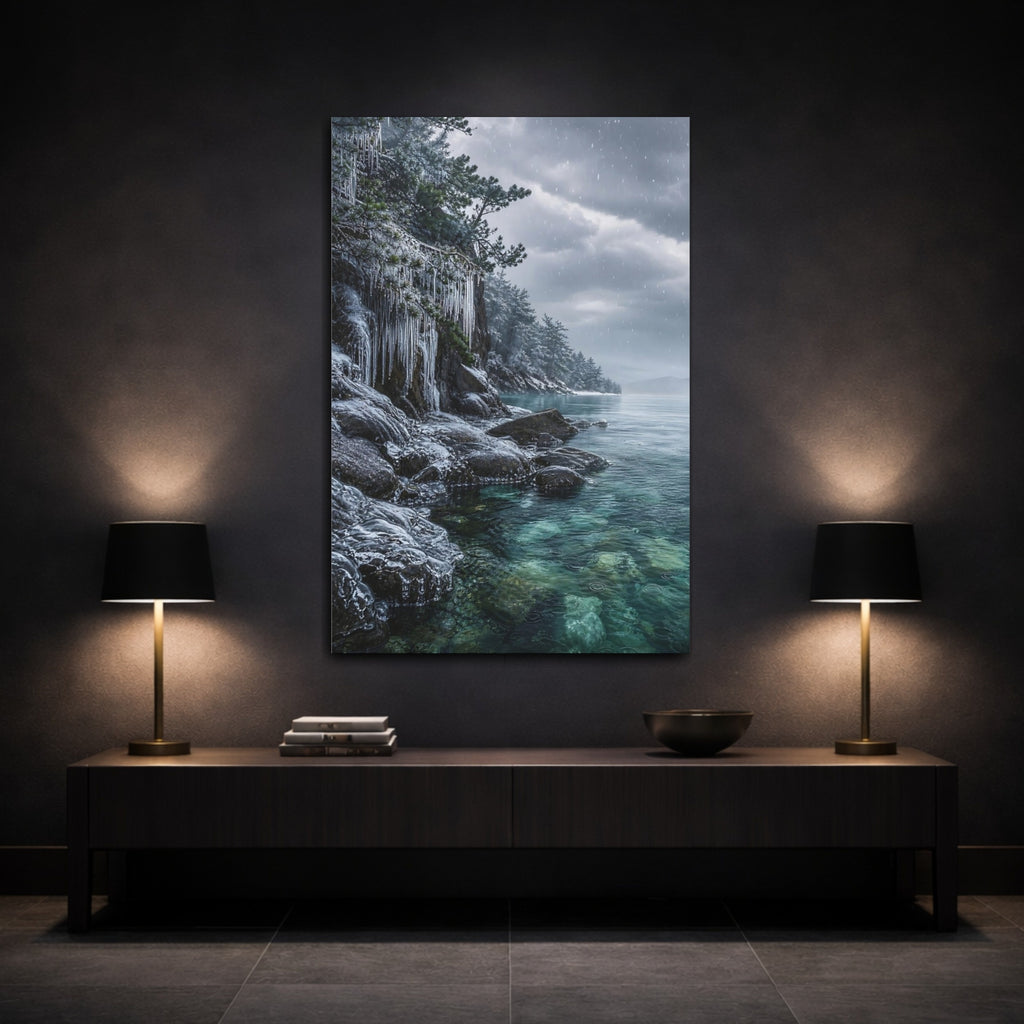 Mockup 3. Nature Frozen Lake Winter Lake Blue shown as stretched canvas wall art