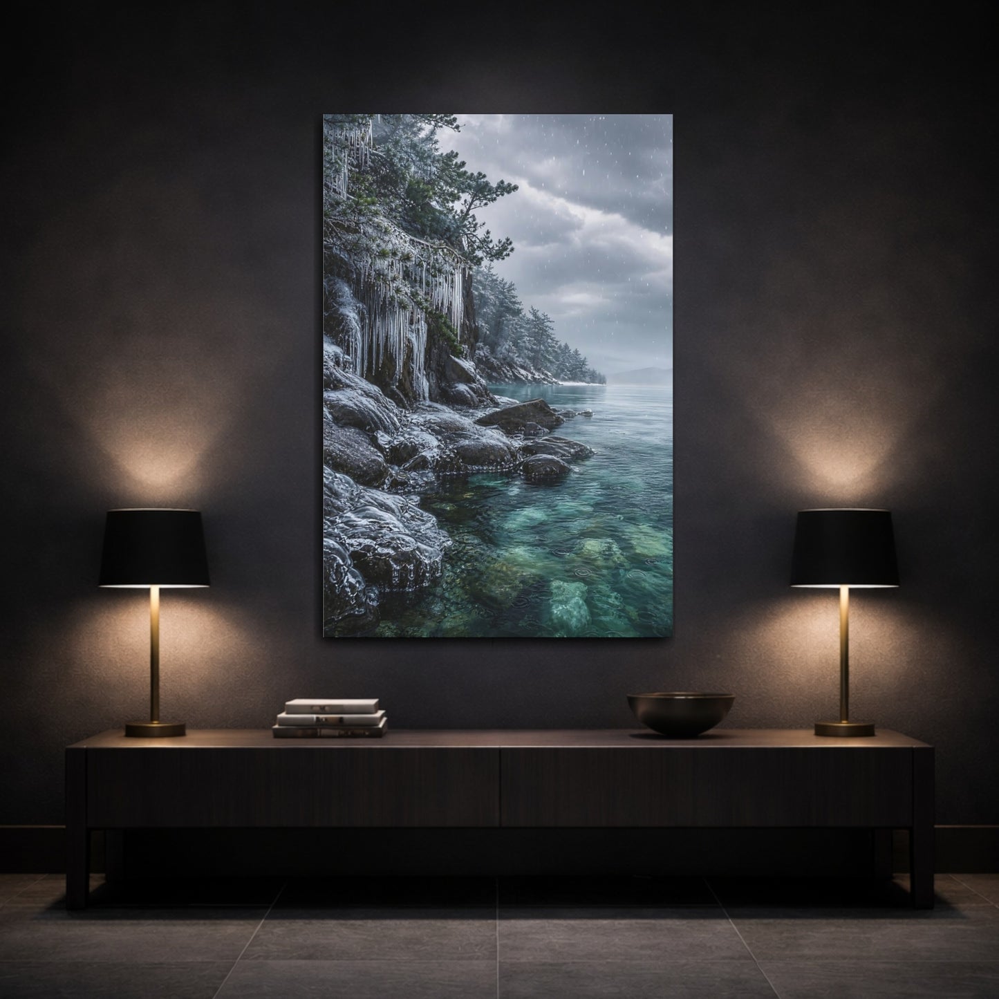 Mockup 3. Nature Frozen Lake Winter Lake Blue shown as stretched canvas wall art