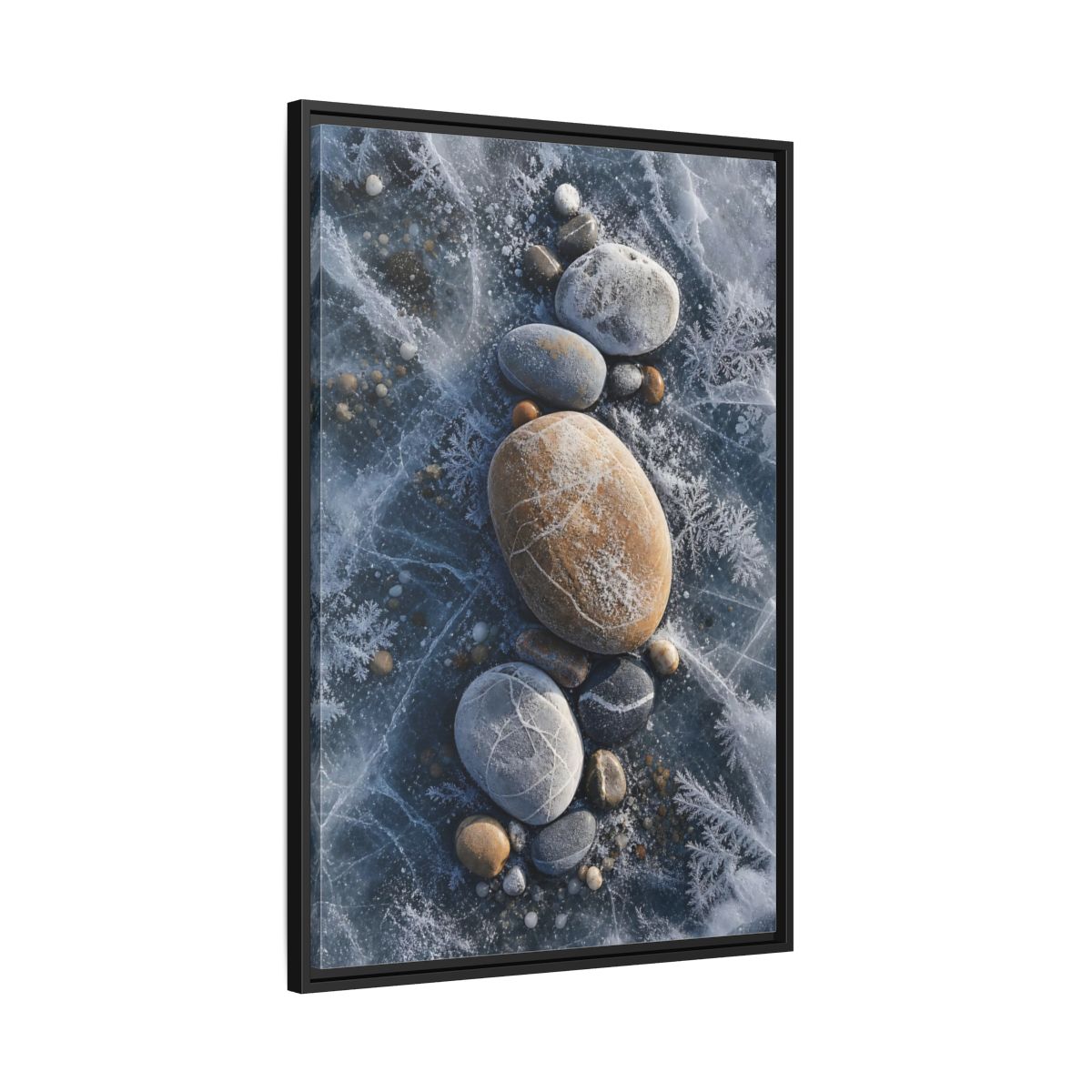 Nature Frozen Rocks Blue and Brown Framed Canvas Wall Art - Living Room, Above Fireplace shown as canvas wall art