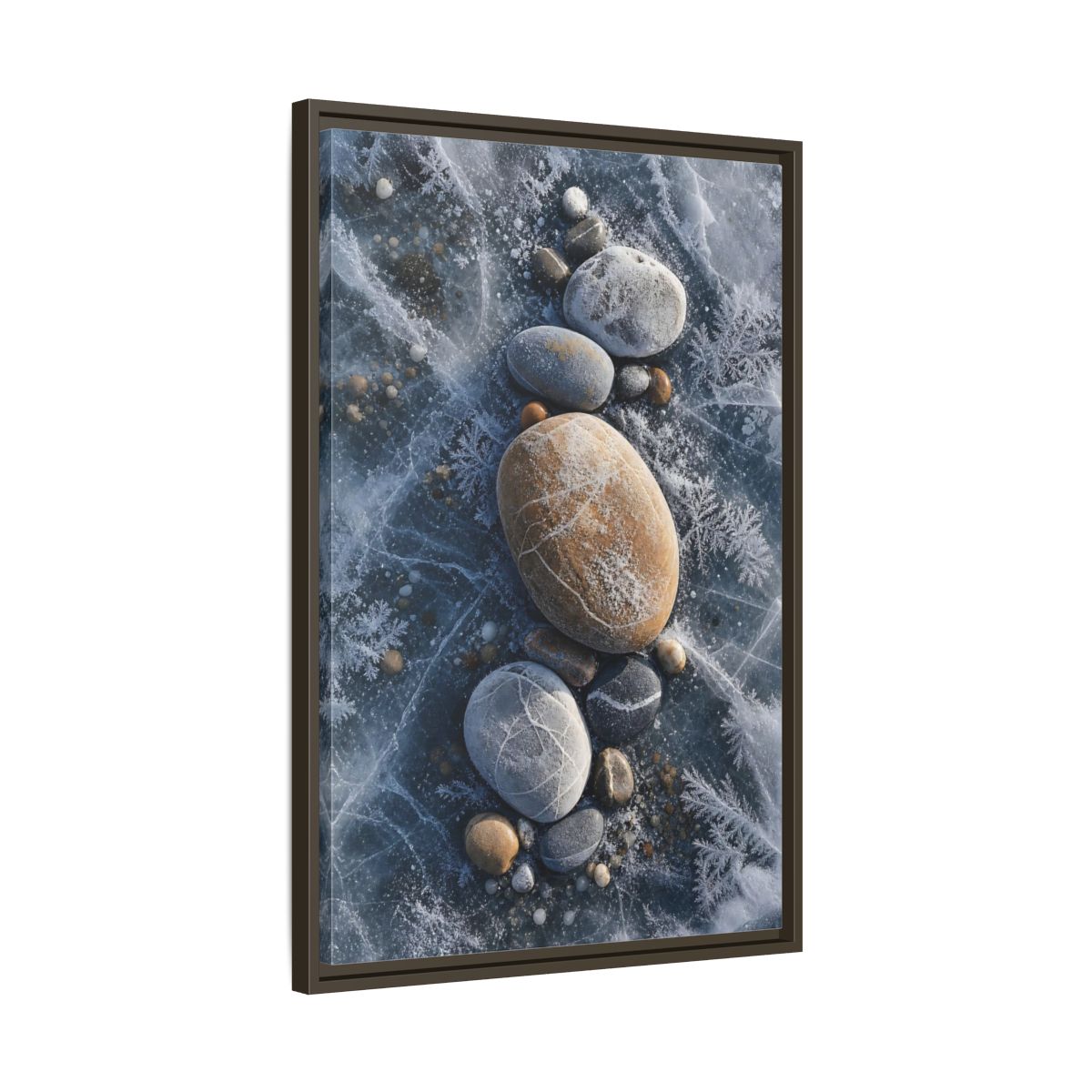 Nature Frozen Rocks Blue and Brown Framed Canvas Wall Art - Living Room, Above Fireplace shown as canvas wall art