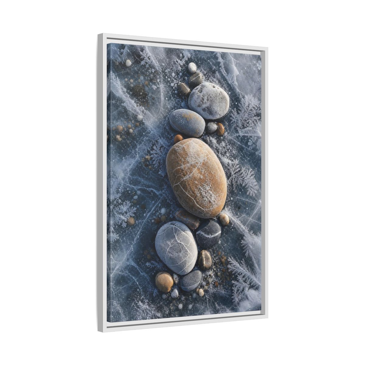 Nature Frozen Rocks Blue and Brown Framed Canvas Wall Art - Living Room, Above Fireplace shown as canvas wall art