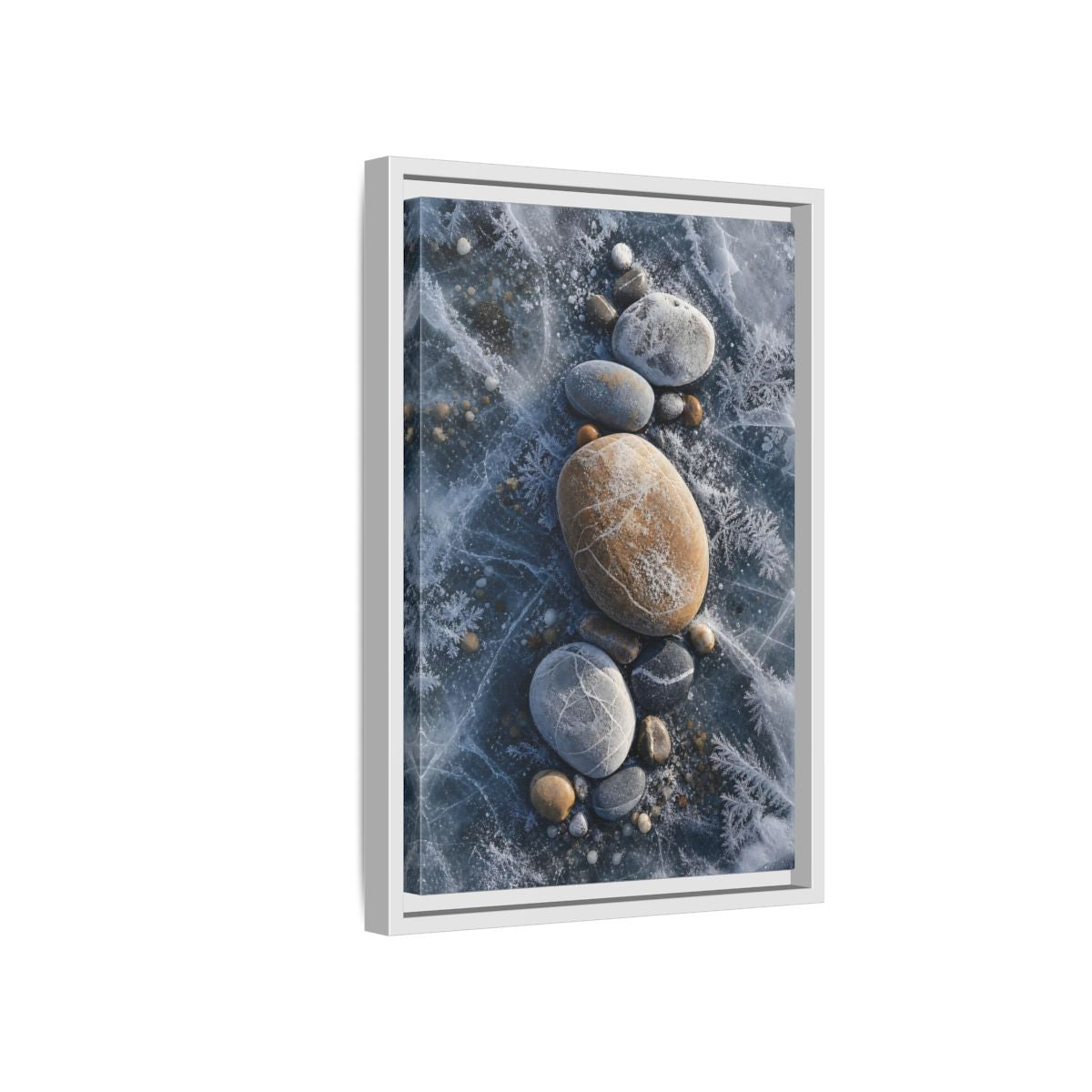 Nature Frozen Rocks Blue and Brown Framed Canvas Wall Art - Living Room, Above Fireplace shown as canvas wall art