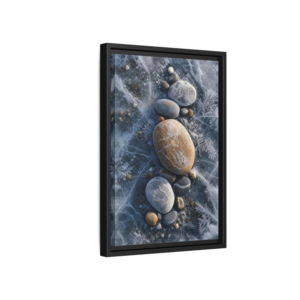 Side Mockup 6. Nature Frozen Rocks Blue And Brown Ice shown as stretched canvas wall art