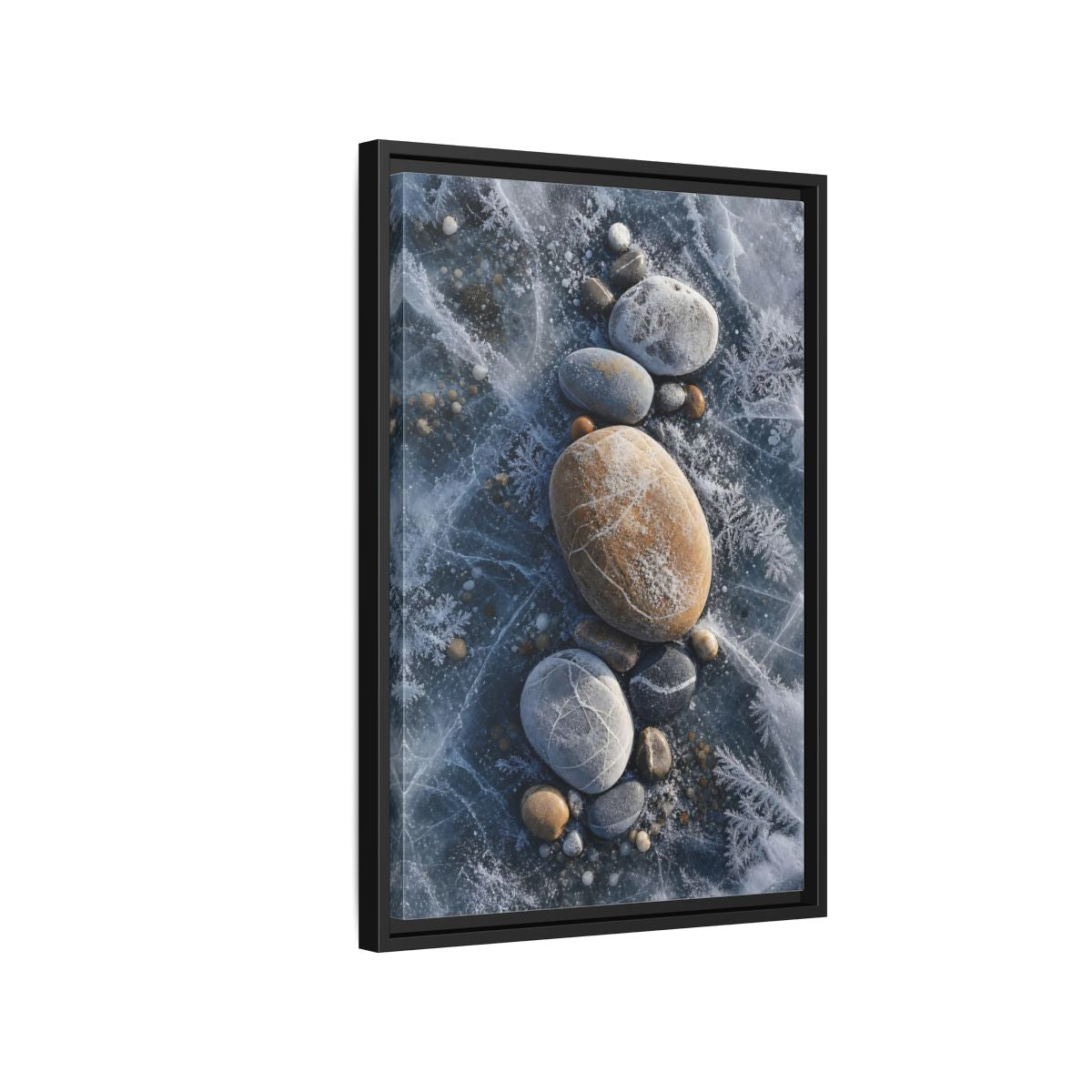 Nature Frozen Rocks Blue and Brown Framed Canvas Wall Art - Living Room, Above Fireplace shown as canvas wall art