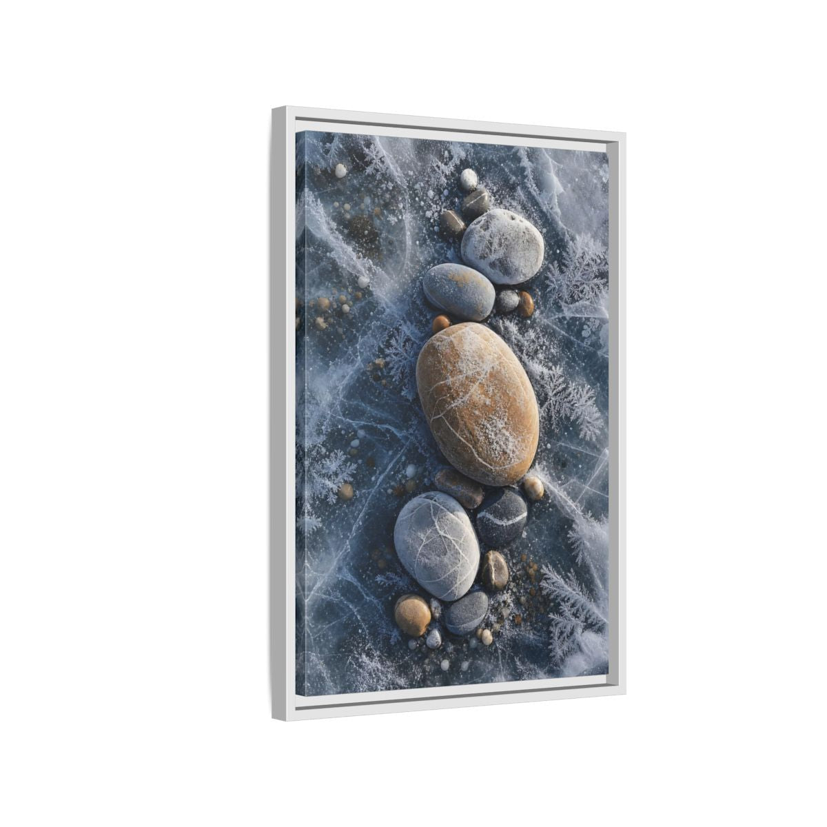 Nature Frozen Rocks Blue and Brown Framed Canvas Wall Art - Living Room, Above Fireplace shown as canvas wall art