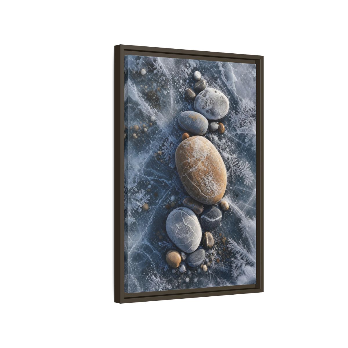 Nature Frozen Rocks Blue and Brown Framed Canvas Wall Art - Living Room, Above Fireplace shown as canvas wall art