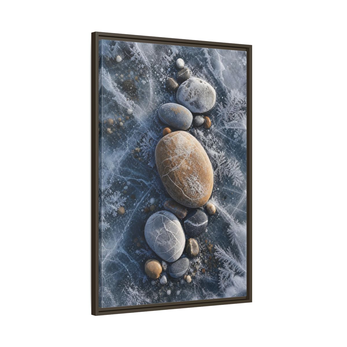 Nature Frozen Rocks Blue and Brown Framed Canvas Wall Art - Living Room, Above Fireplace shown as canvas wall art