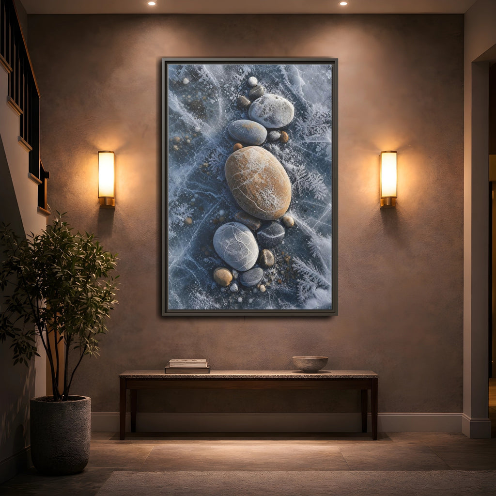 Mockup 2. Nature Frozen Rocks Blue And Brown Ice shown as stretched canvas wall art