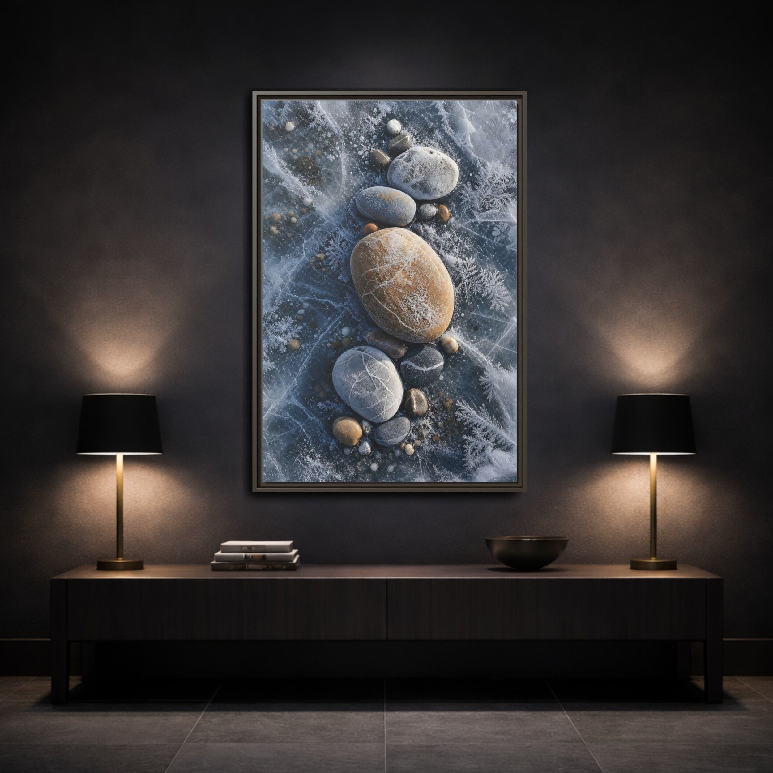 Mockup 3. Nature Frozen Rocks Blue And Brown Ice shown as stretched canvas wall art