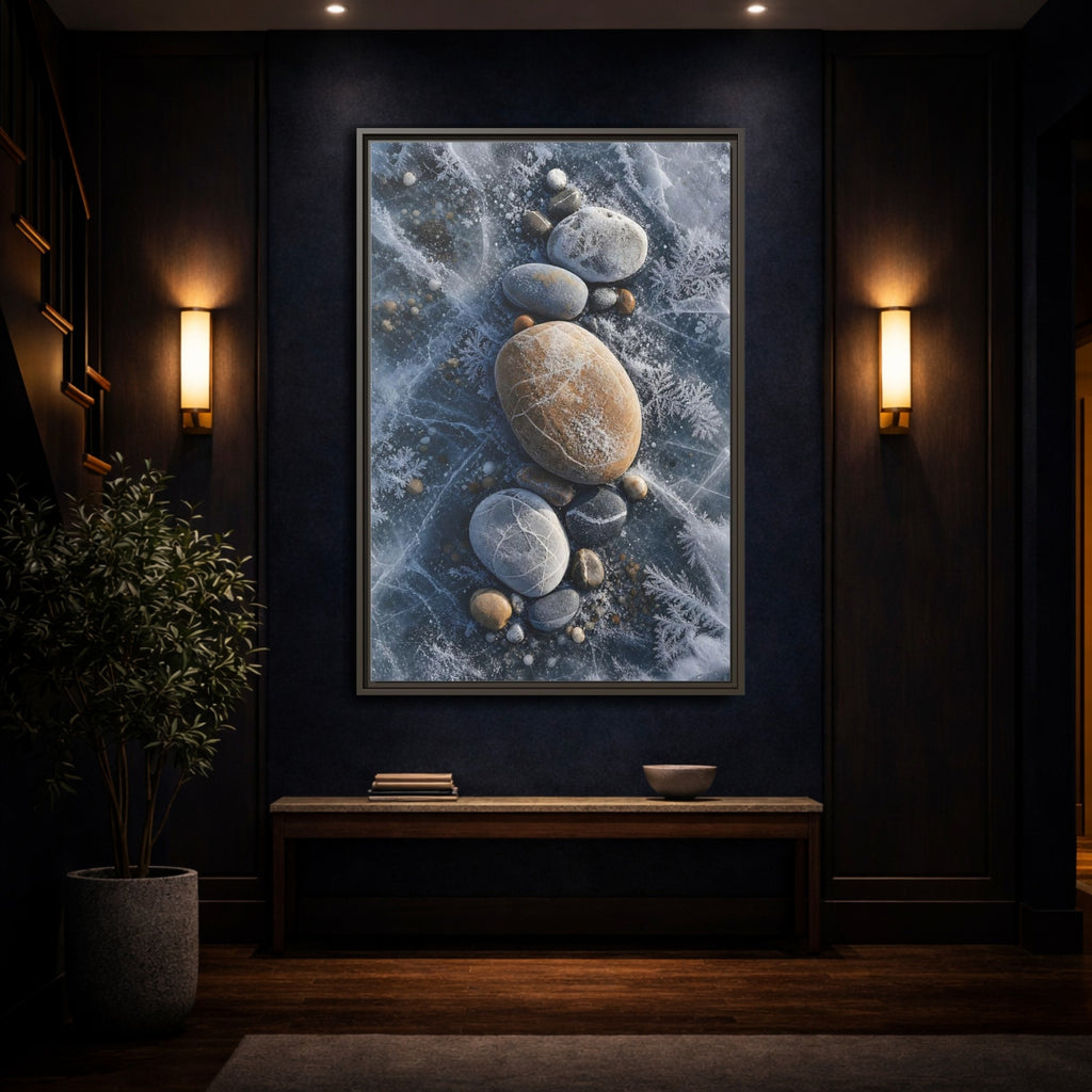 Mockup 4. Nature Frozen Rocks Blue And Brown Ice shown as stretched canvas wall art