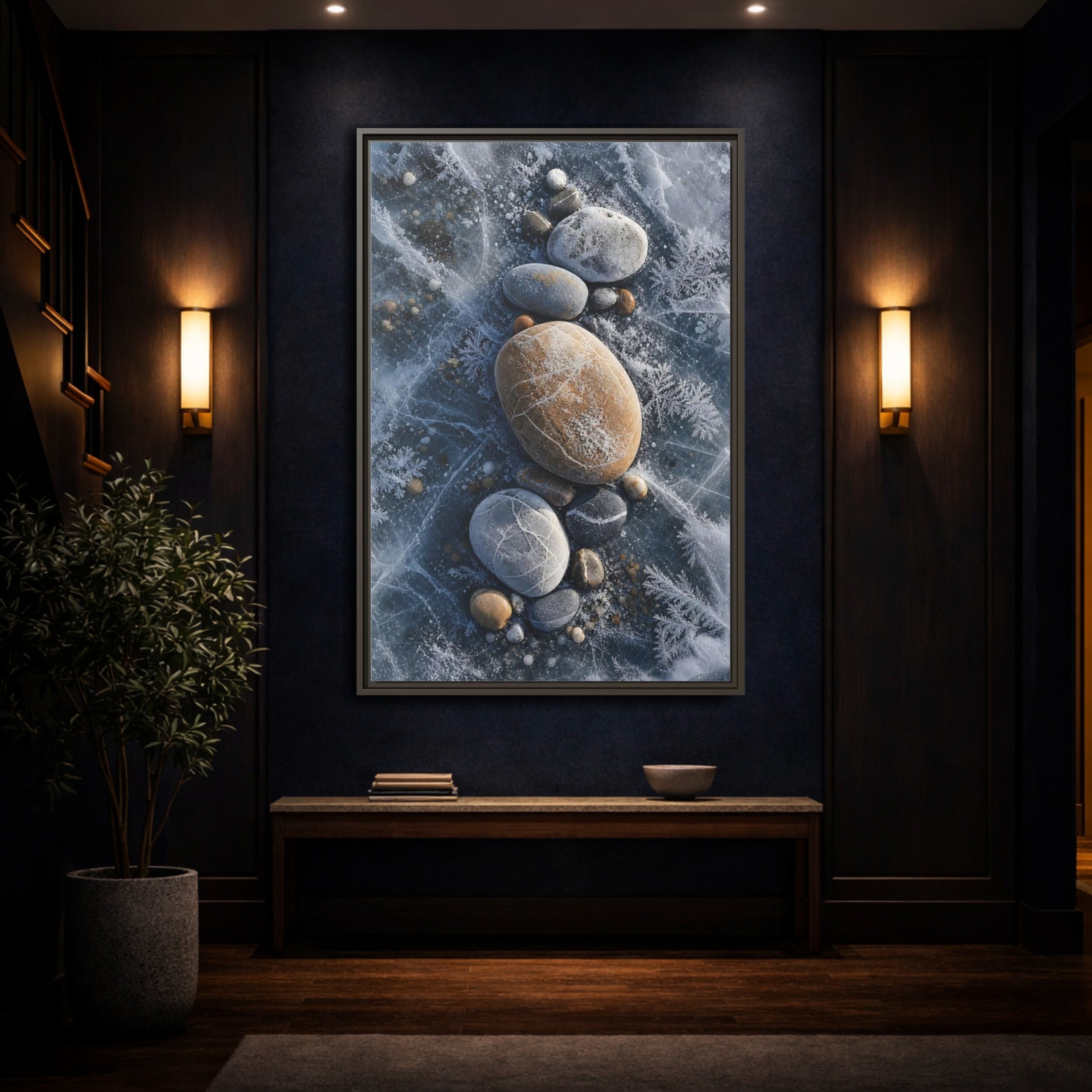 Mockup 4. Nature Frozen Rocks Blue And Brown Ice shown as stretched canvas wall art