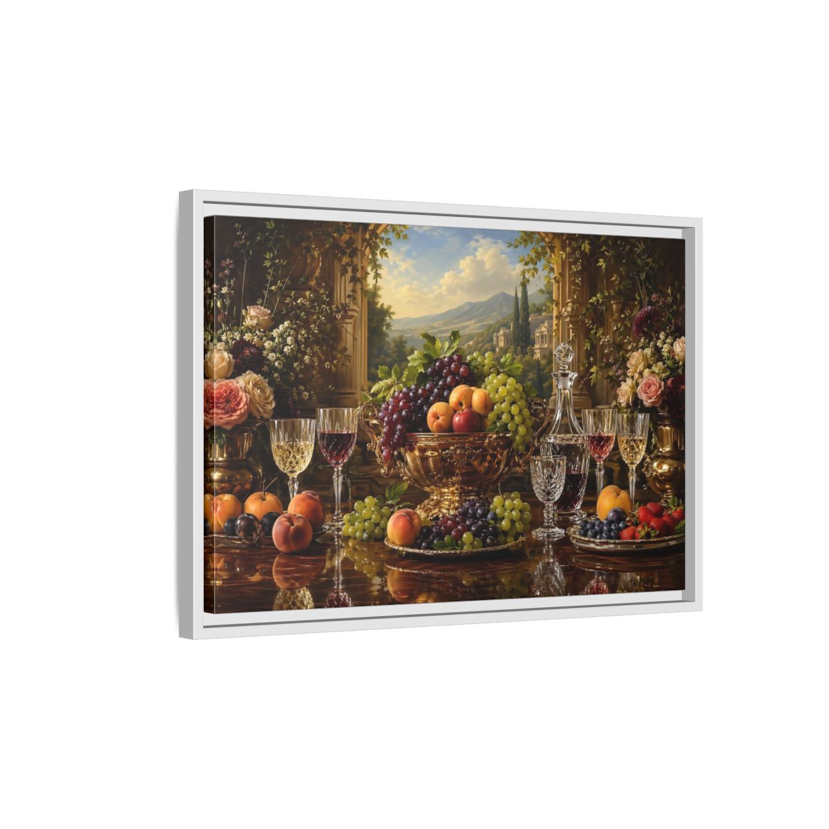 Side Mockup 1. Nature Fruit Display Opulent Still Life shown as stretched canvas wall art