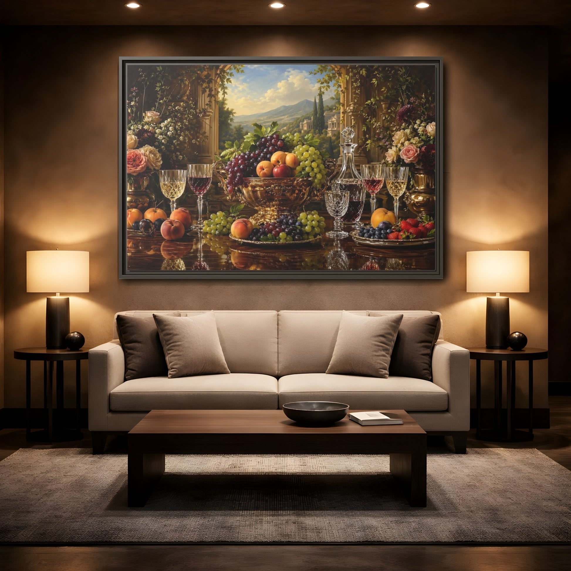 Mockup 2. Nature Fruit Display Opulent Still Life shown as stretched canvas wall art