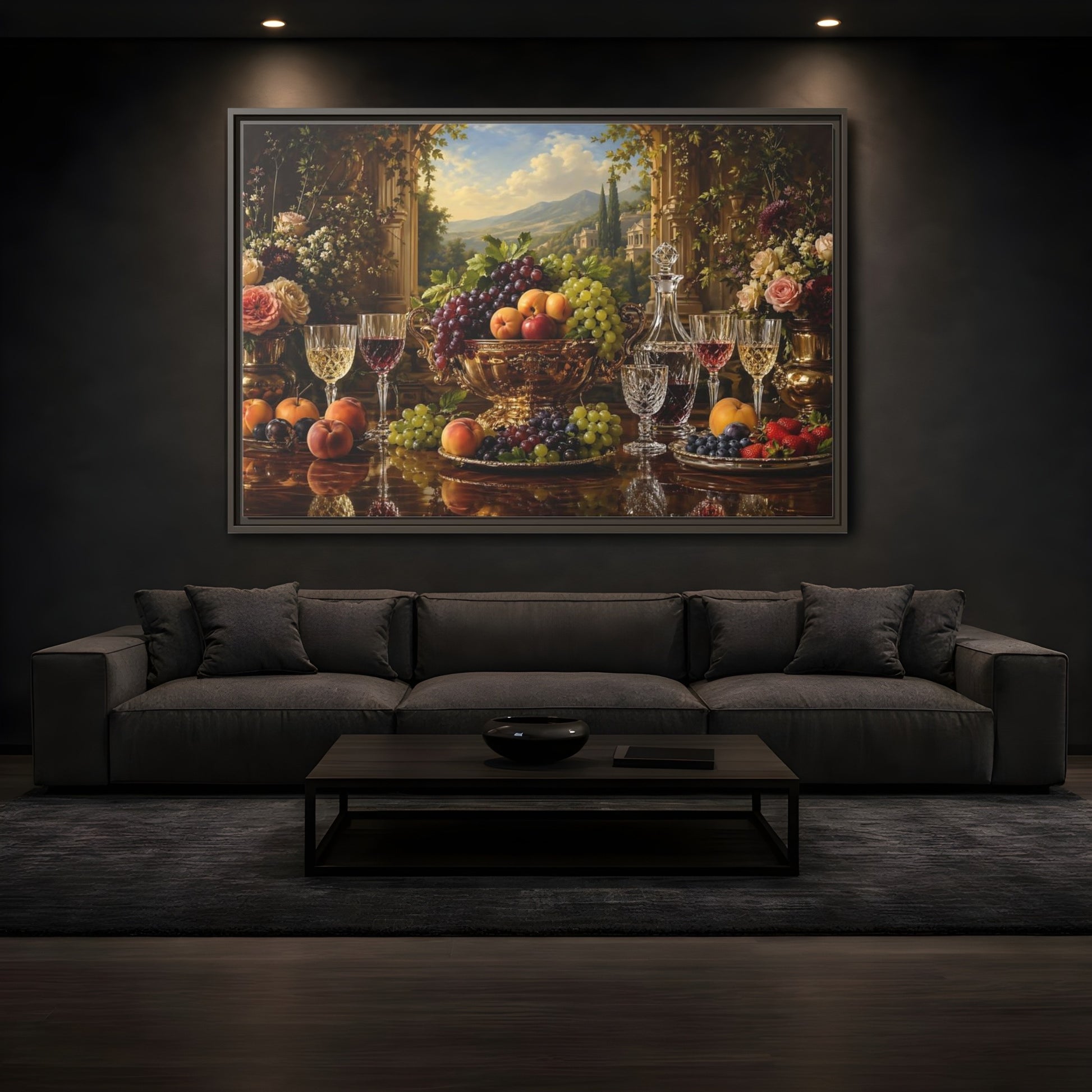 Mockup 3. Nature Fruit Display Opulent Still Life shown as stretched canvas wall art