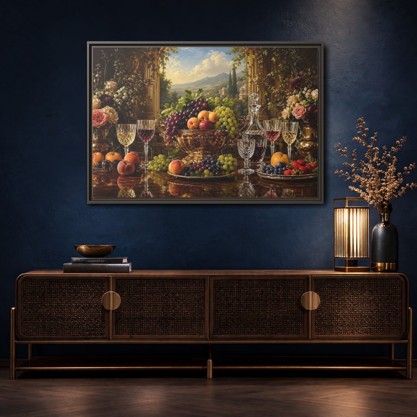 Mockup 4. Nature Fruit Display Opulent Still Life shown as stretched canvas wall art