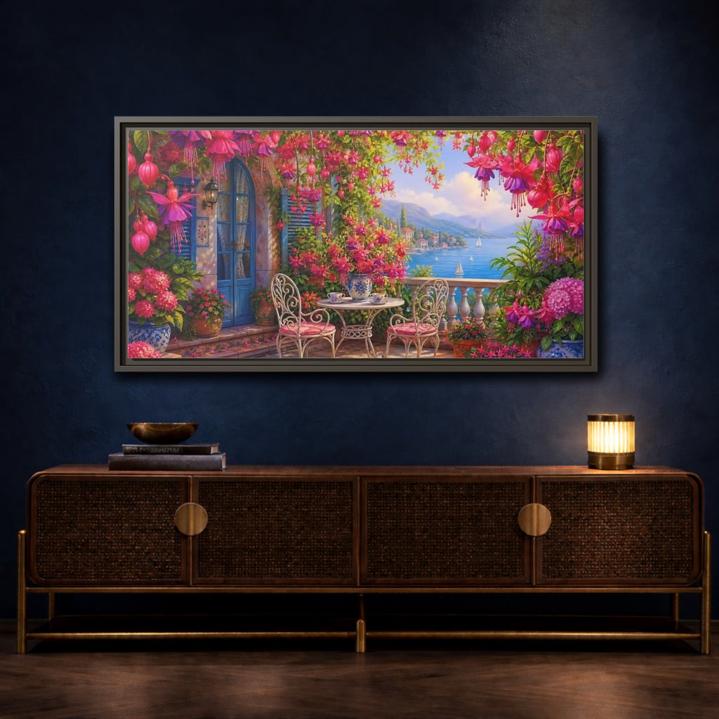 Mockup 4. Nature Fuchsia Balcony Fuchsia Balcony shown as stretched canvas wall art
