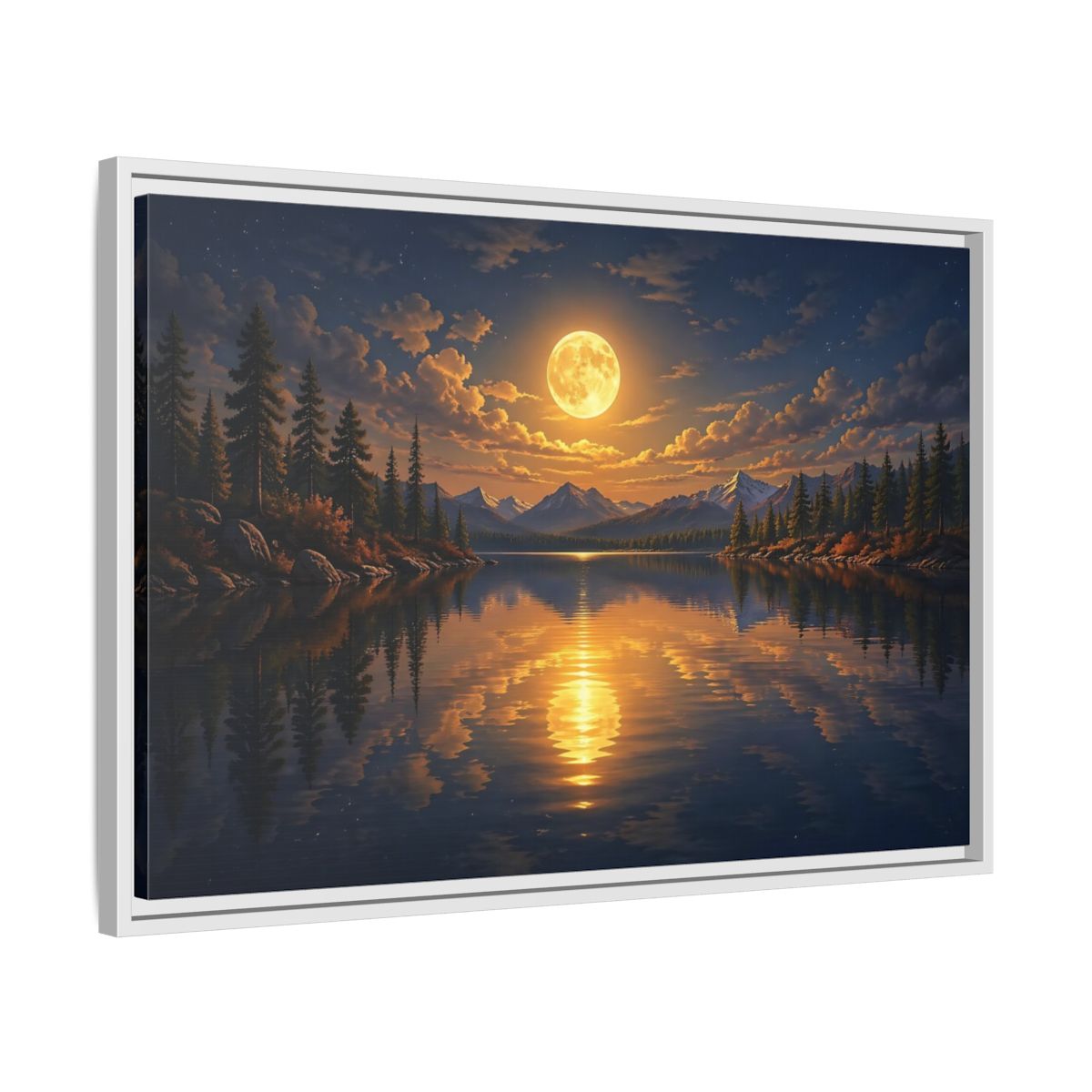 Side Mockup 10. Nature Full Moon Golden Moon Lake shown as stretched canvas wall art
