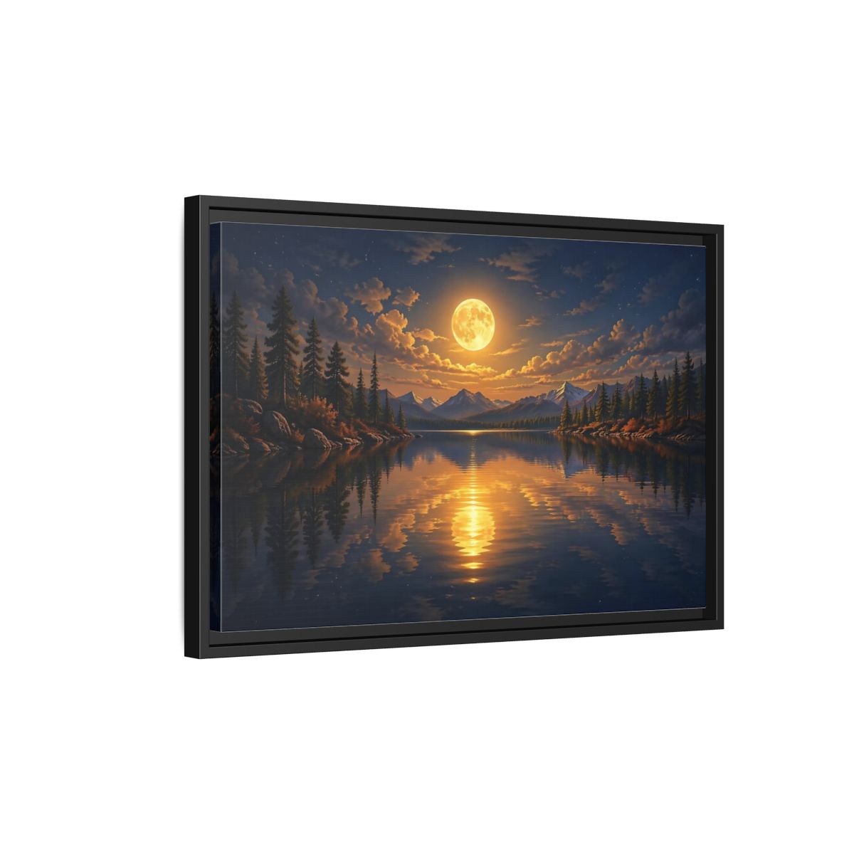 Side Mockup 3. Nature Full Moon Golden Moon Lake shown as stretched canvas wall art