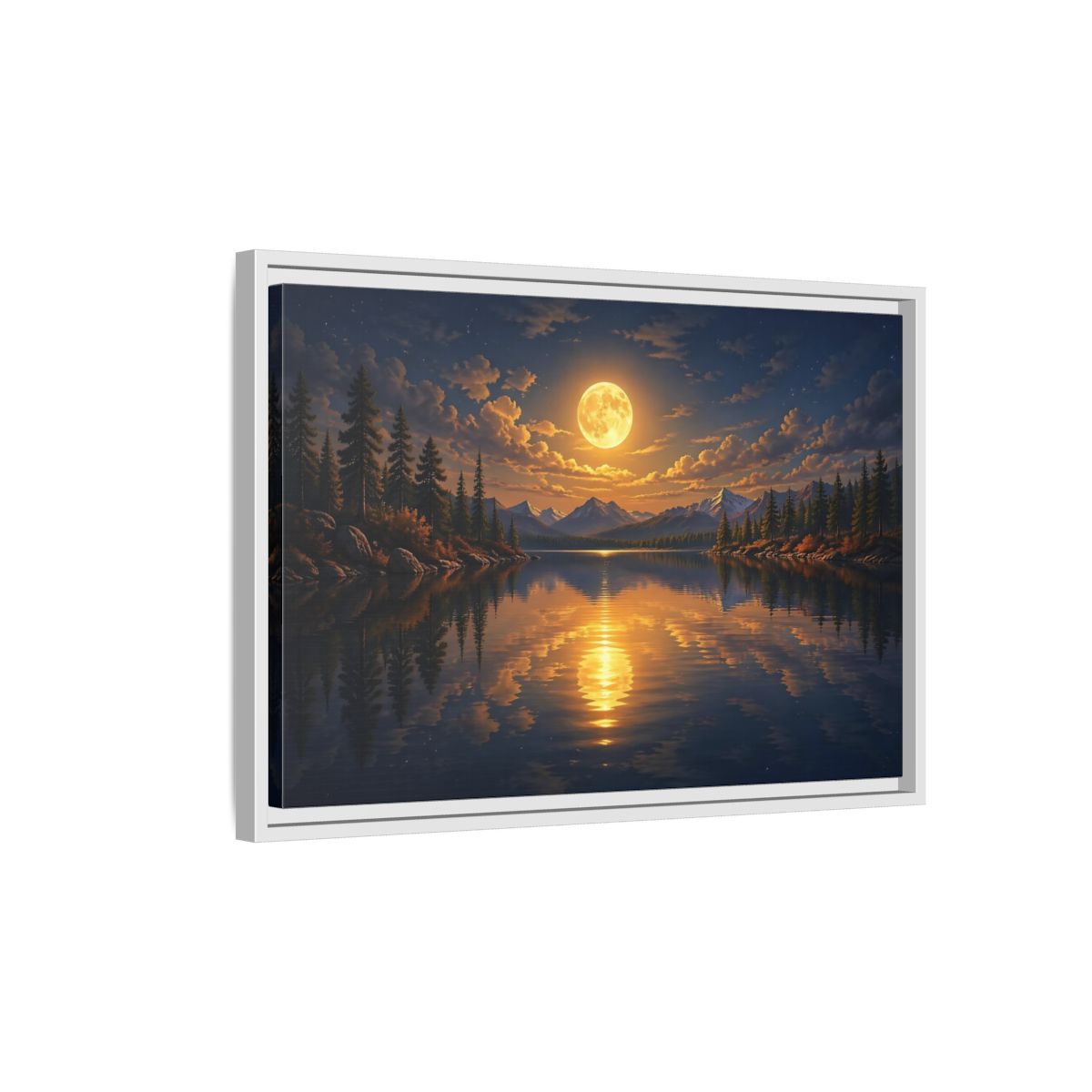Side Mockup 1. Nature Full Moon Golden Moon Lake shown as stretched canvas wall art