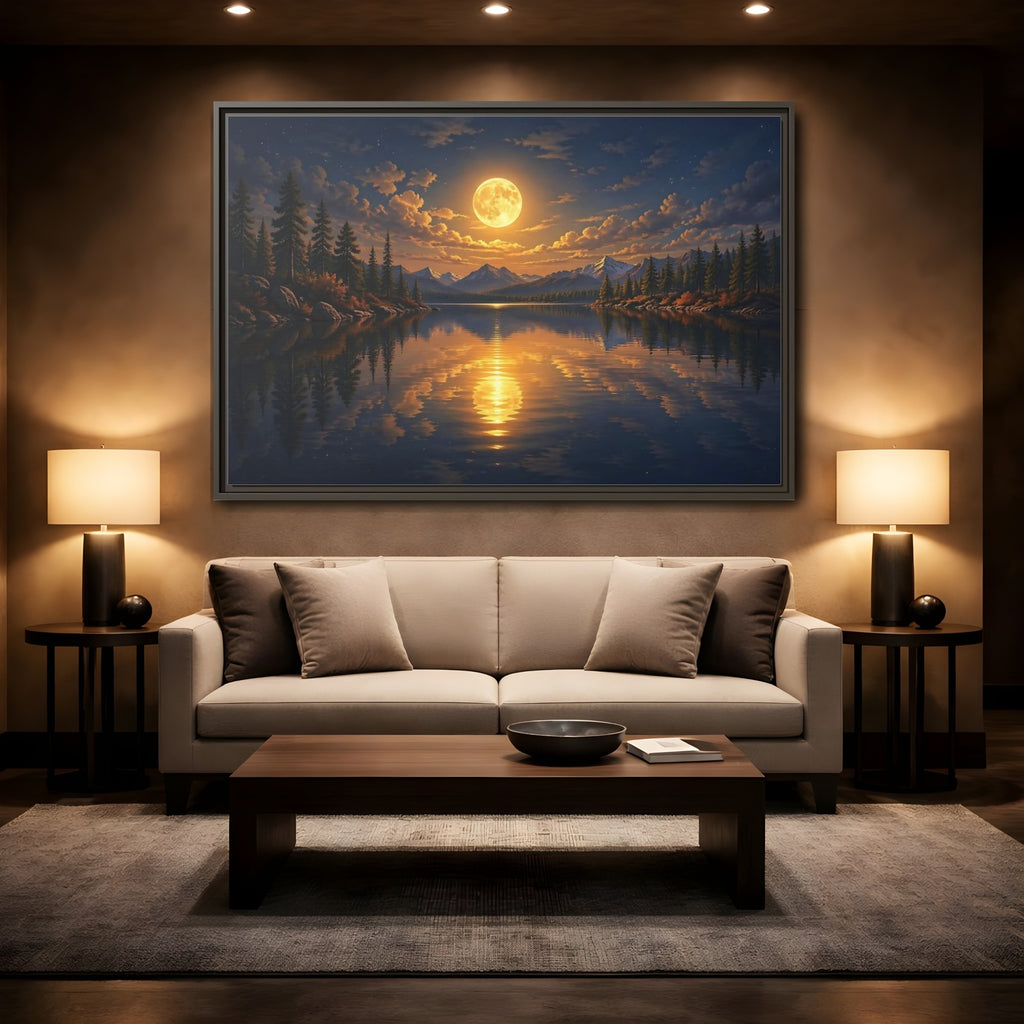 Mockup 2. Nature Full Moon Golden Moon Lake shown as stretched canvas wall art