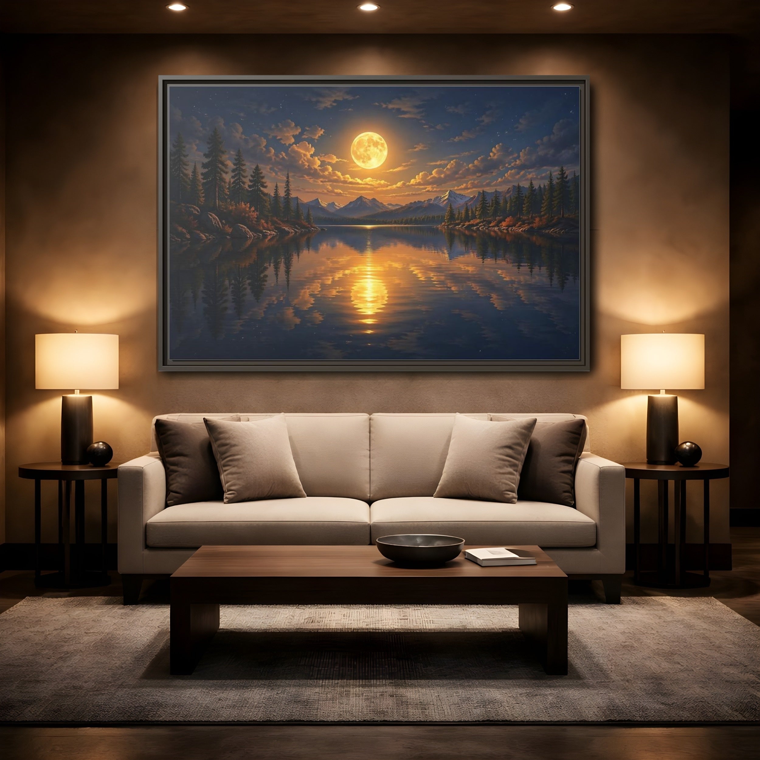 Mockup 2. Nature Full Moon Golden Moon Lake shown as stretched canvas wall art