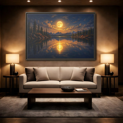 Mockup 2. Nature Full Moon Golden Moon Lake shown as stretched canvas wall art