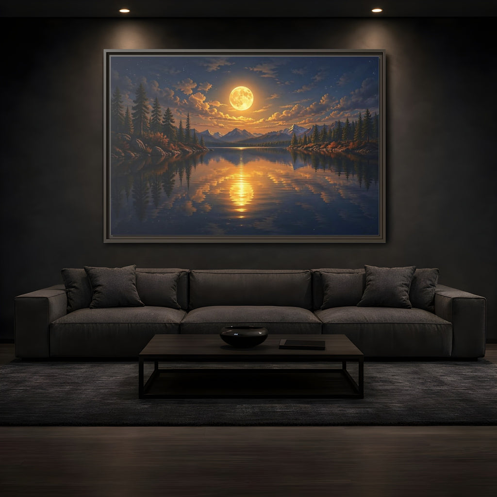 Mockup 3. Nature Full Moon Golden Moon Lake shown as stretched canvas wall art