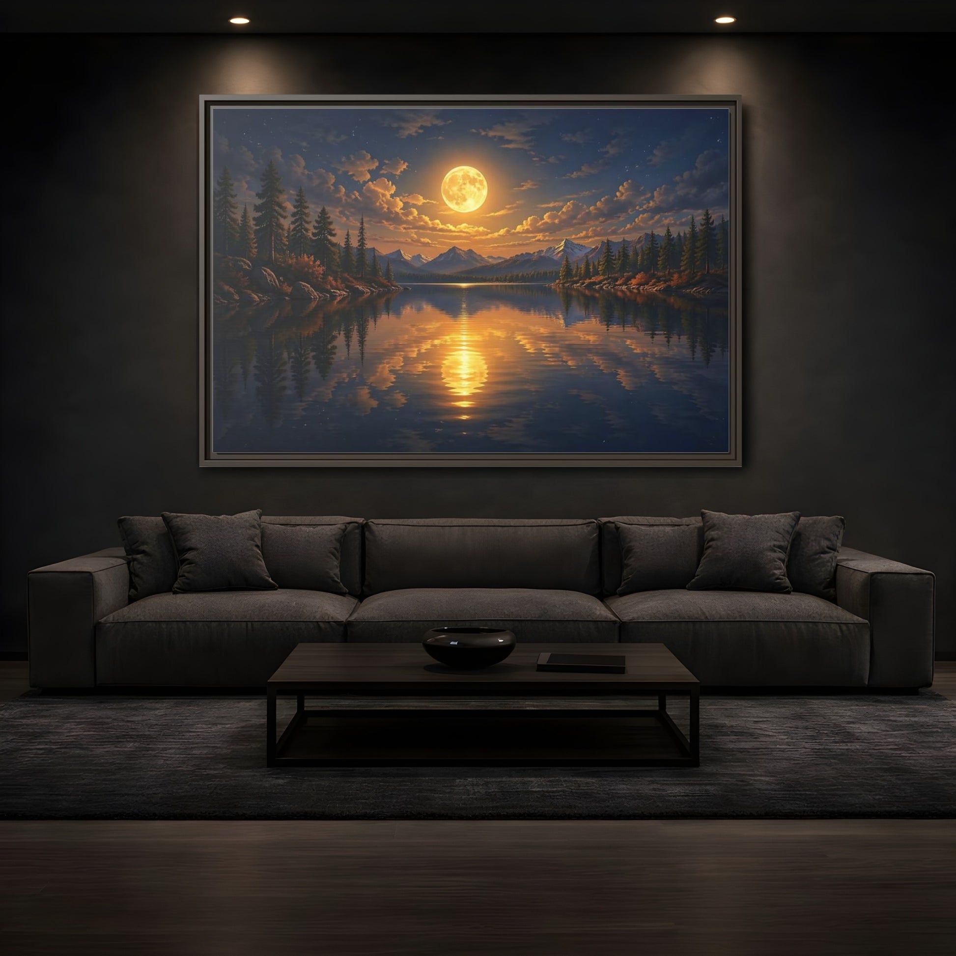 Mockup 3. Nature Full Moon Golden Moon Lake shown as stretched canvas wall art