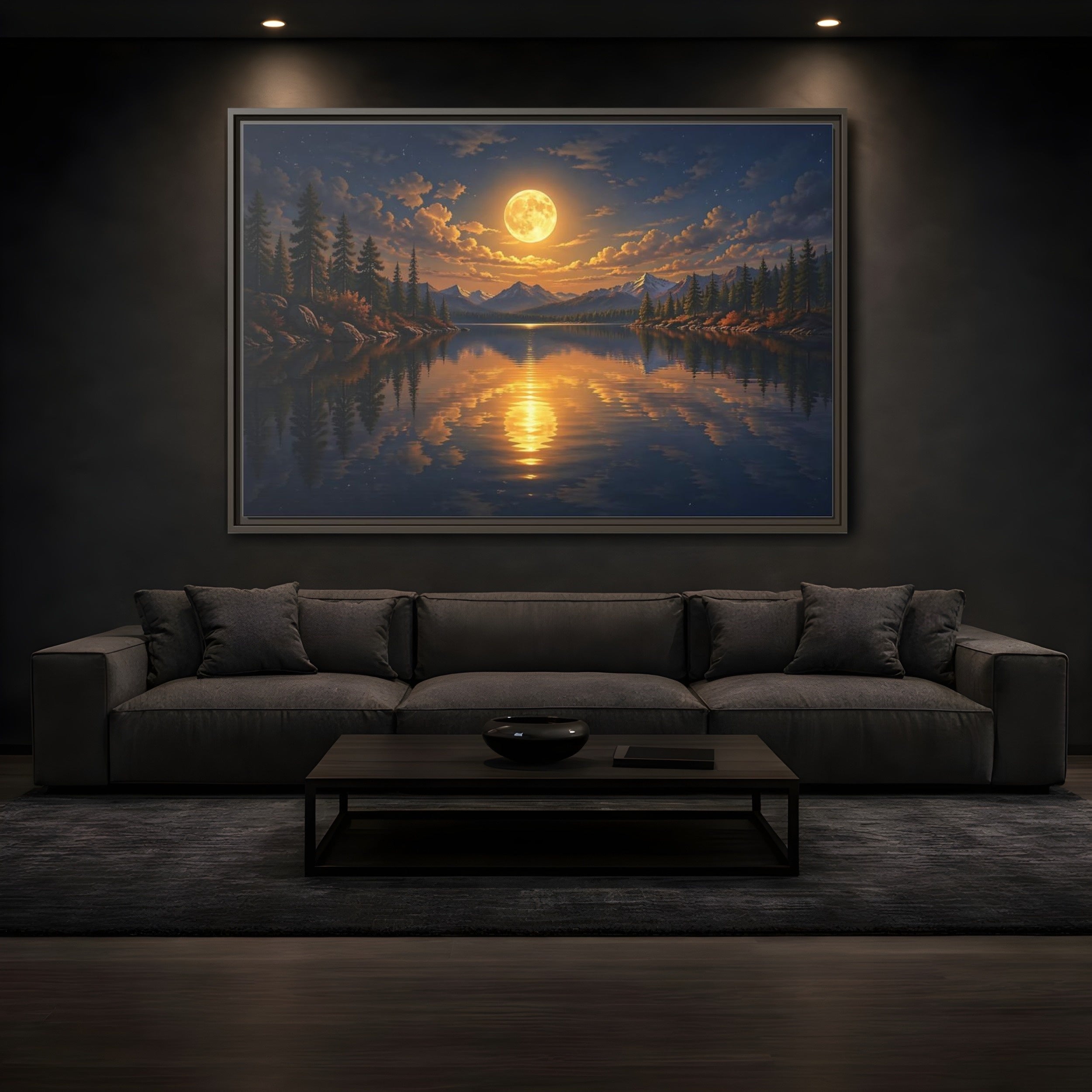 Mockup 3. Nature Full Moon Golden Moon Lake shown as stretched canvas wall art