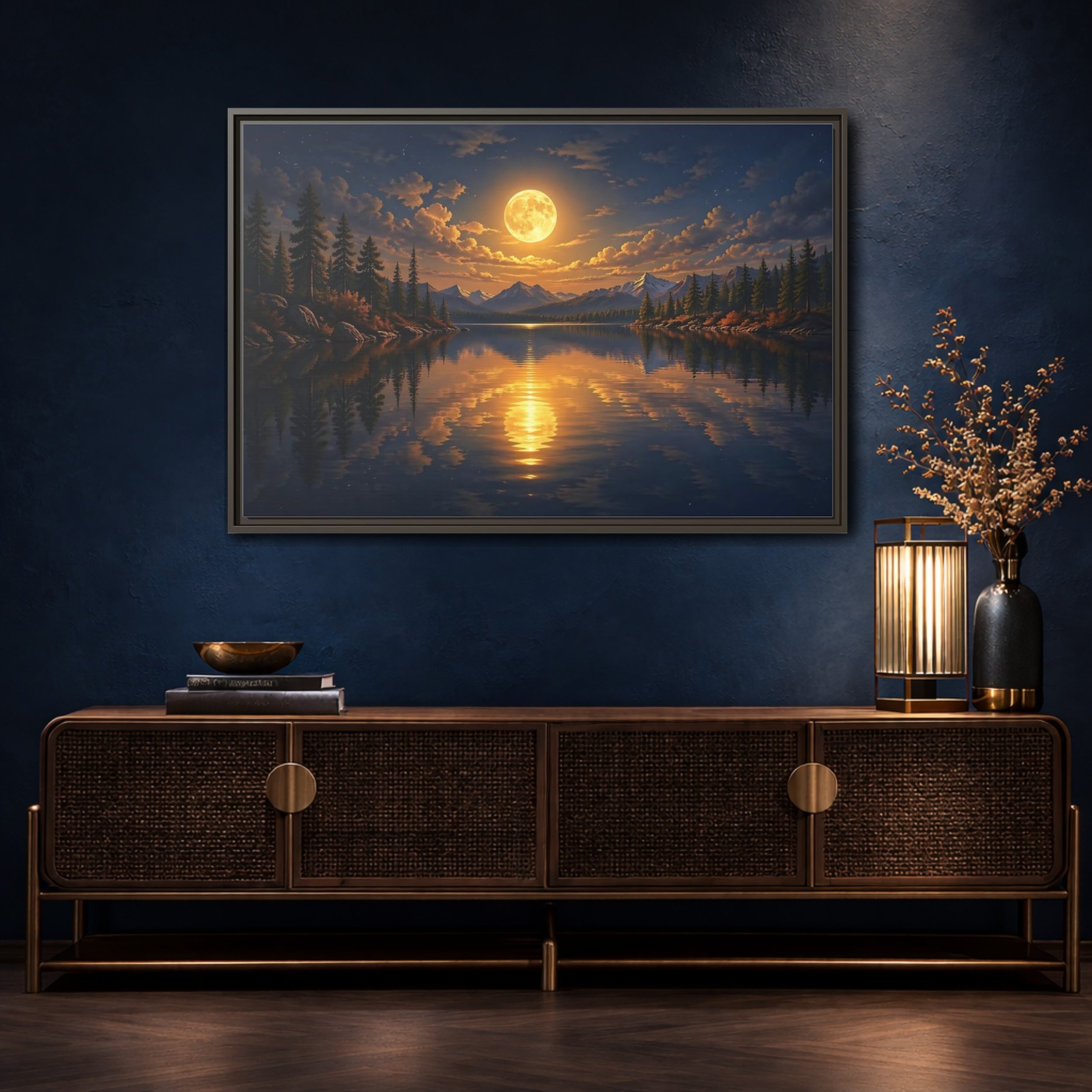 Mockup 4. Nature Full Moon Golden Moon Lake shown as stretched canvas wall art