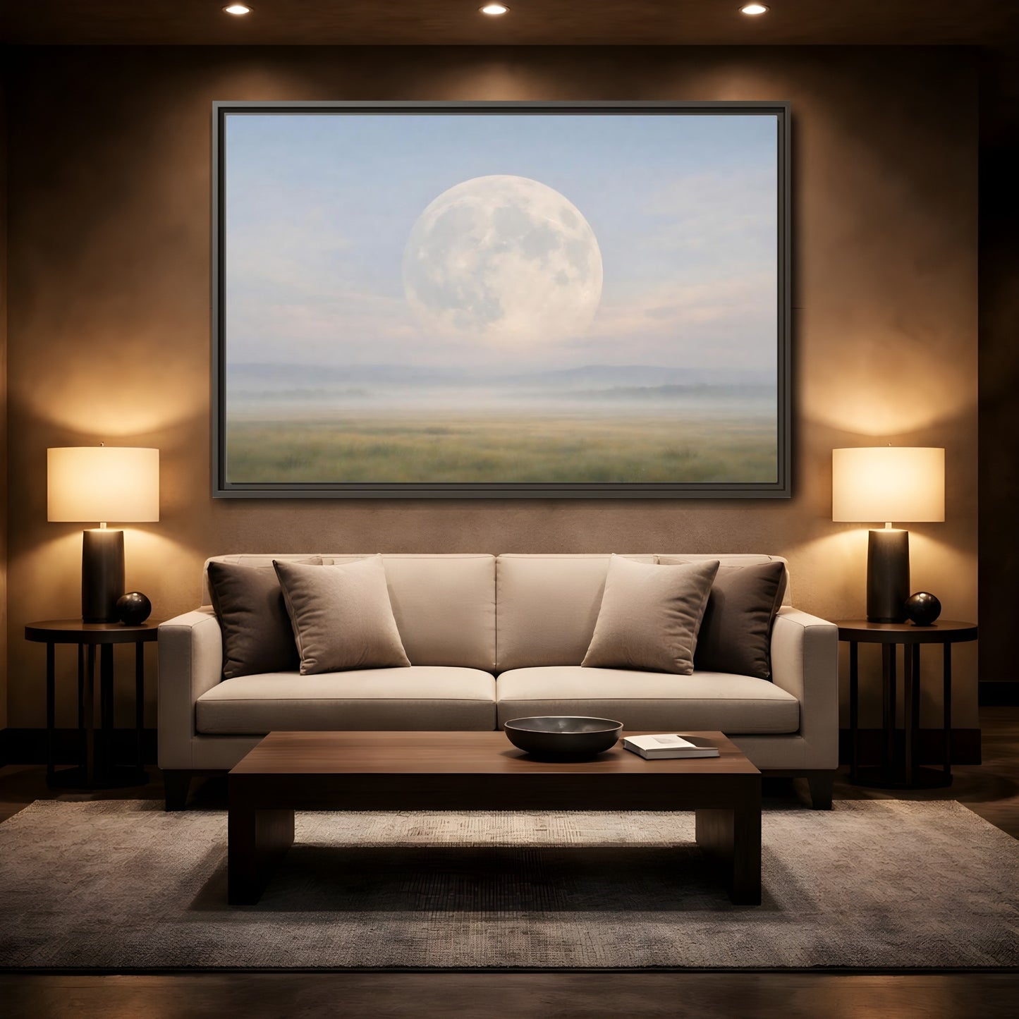 Mockup 2. Nature Full Moon Misty Moonscape shown as stretched canvas wall art