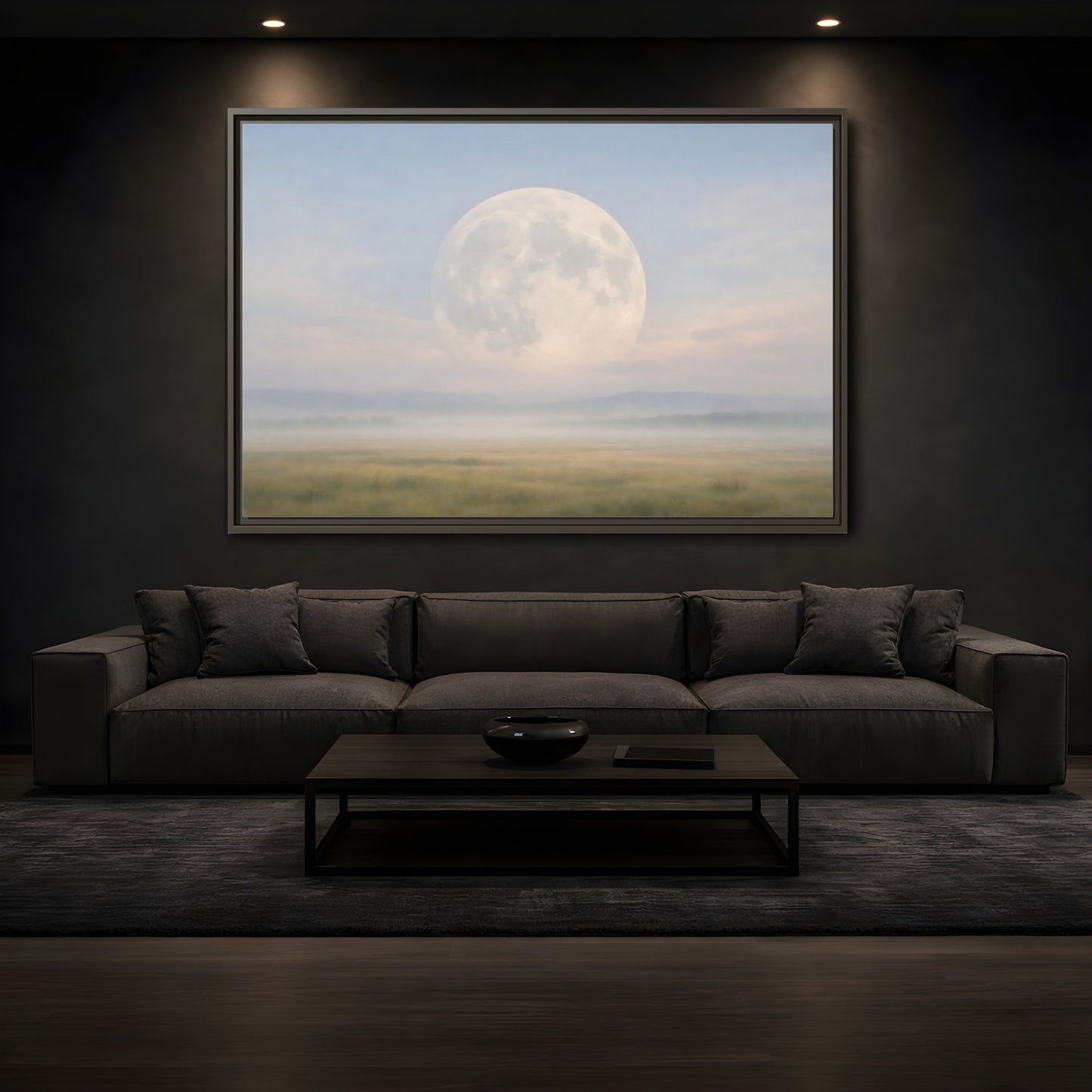 Mockup 3. Nature Full Moon Misty Moonscape shown as stretched canvas wall art