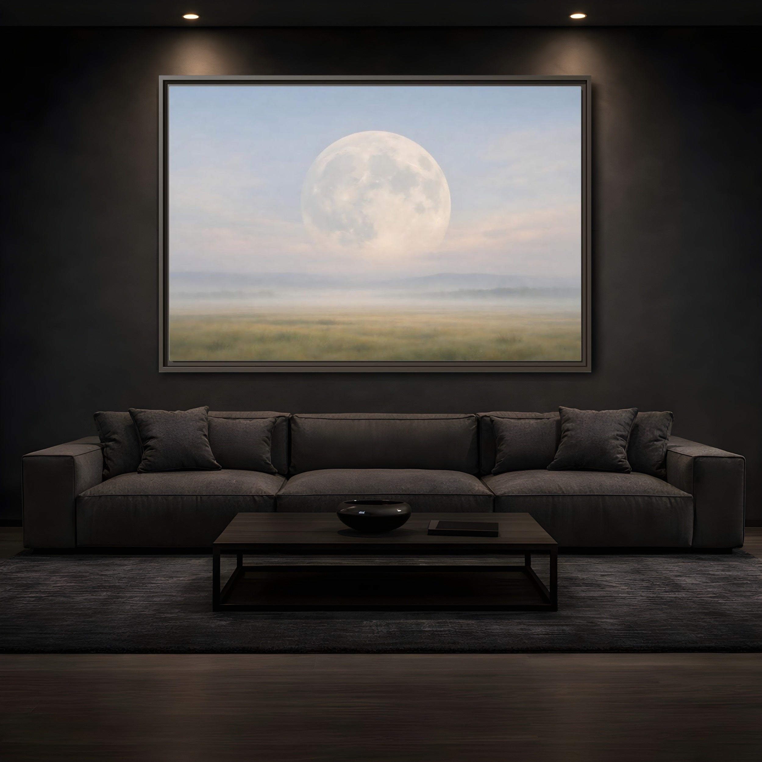 Mockup 3. Nature Full Moon Misty Moonscape shown as stretched canvas wall art