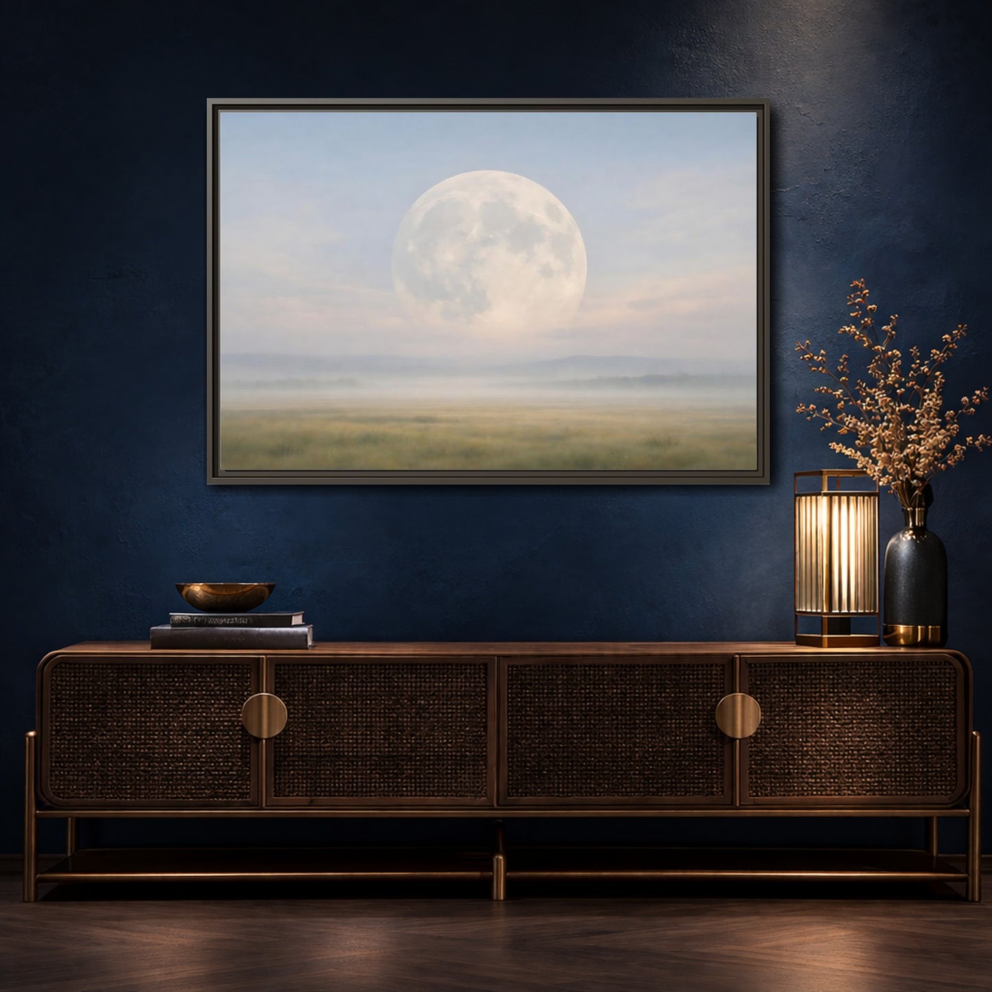Mockup 4. Nature Full Moon Misty Moonscape shown as stretched canvas wall art