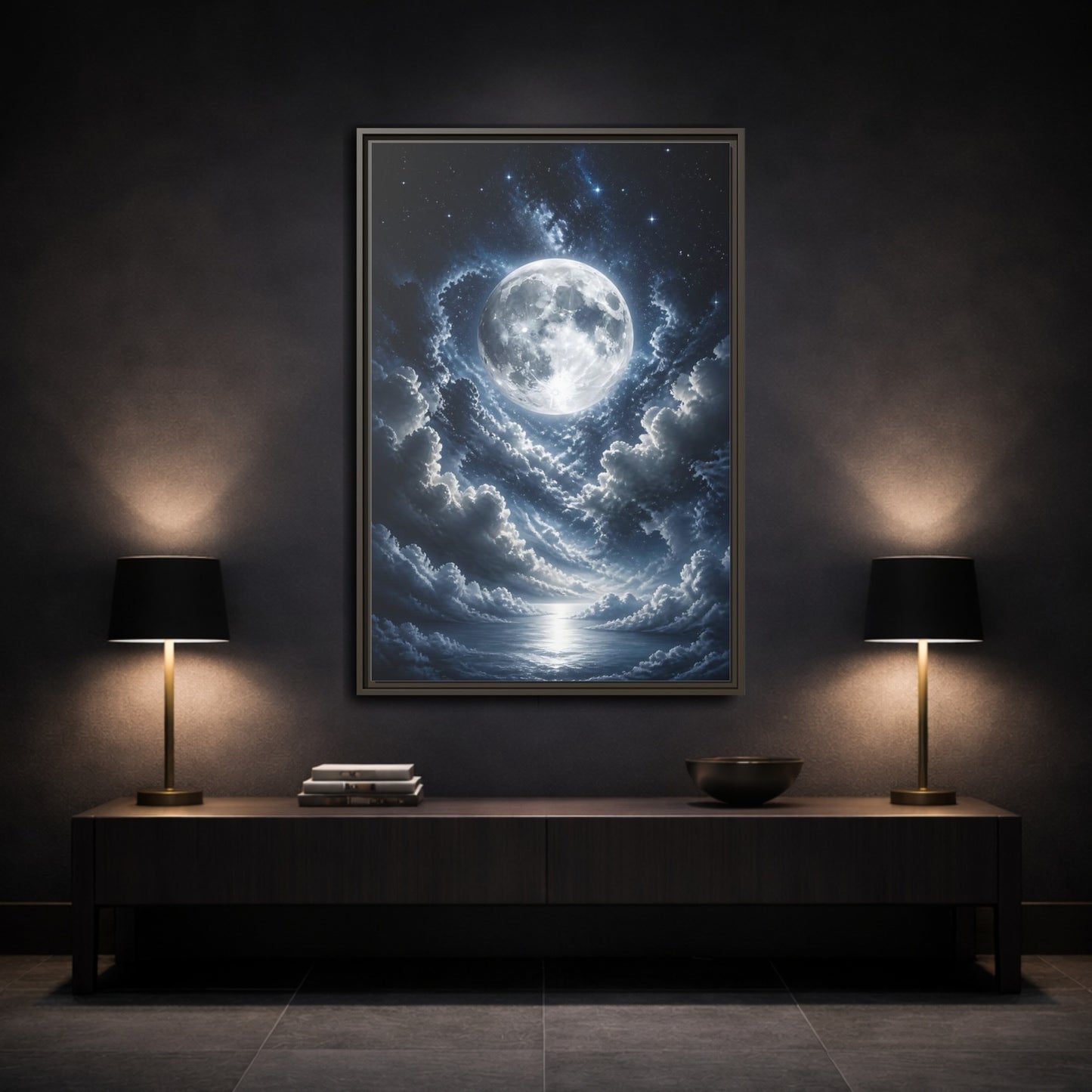 Mockup 3. Nature Full Moon Moonlit Night shown as stretched canvas wall art