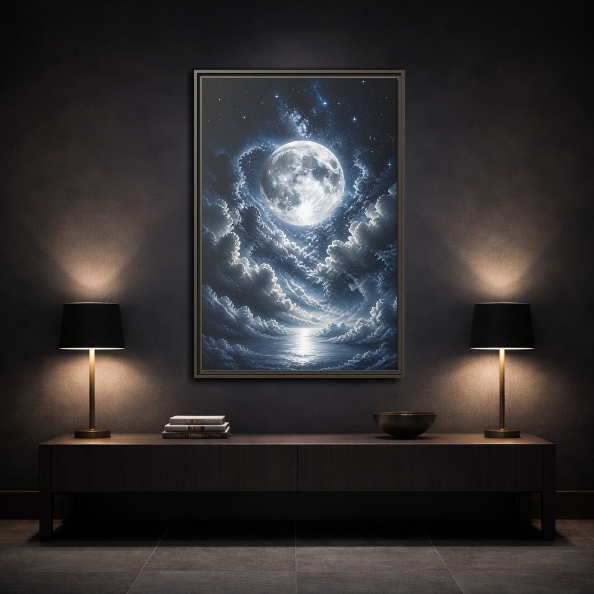 Mockup 3. Nature Full Moon Moonlit Night shown as stretched canvas wall art
