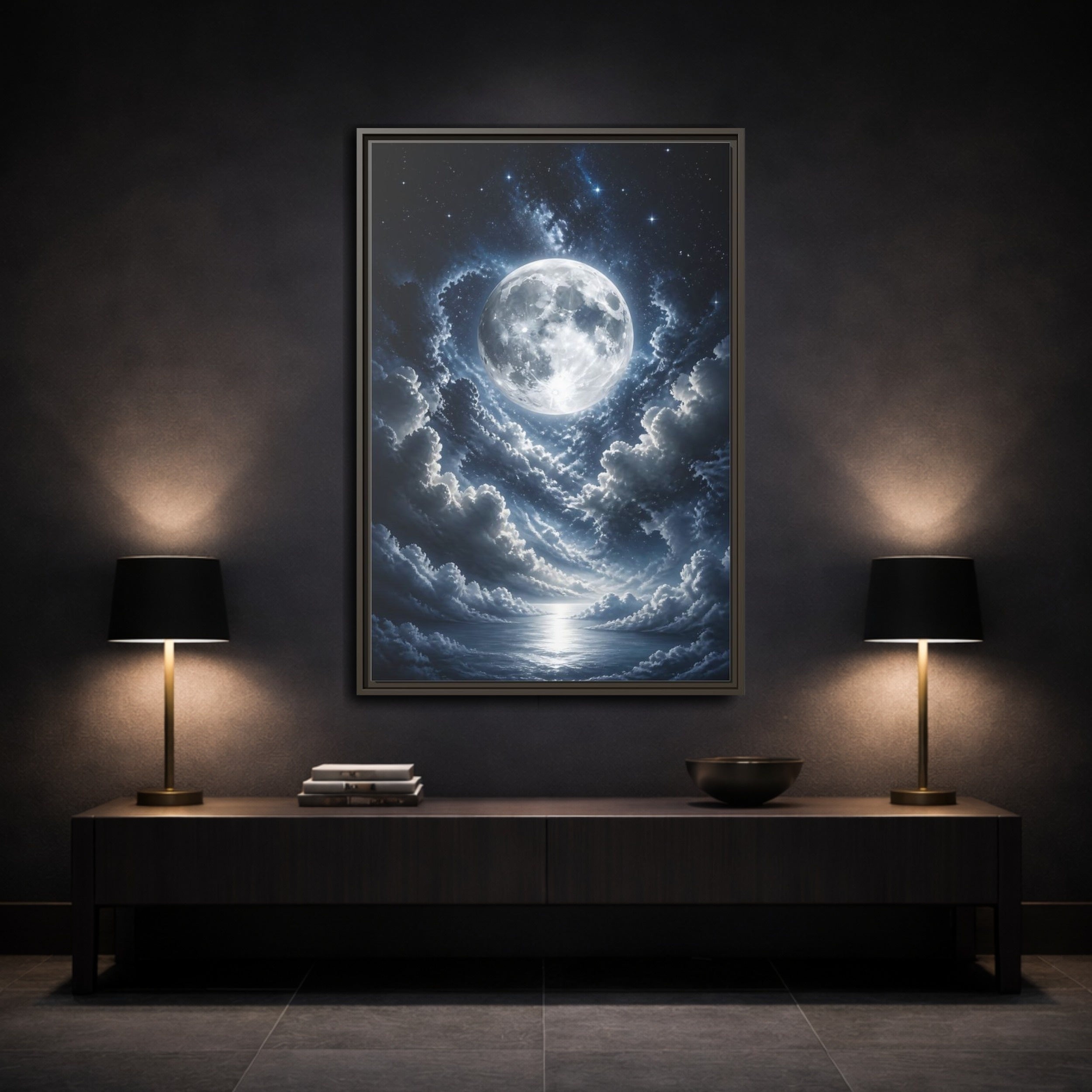 Mockup 3. Nature Full Moon Moonlit Night shown as stretched canvas wall art