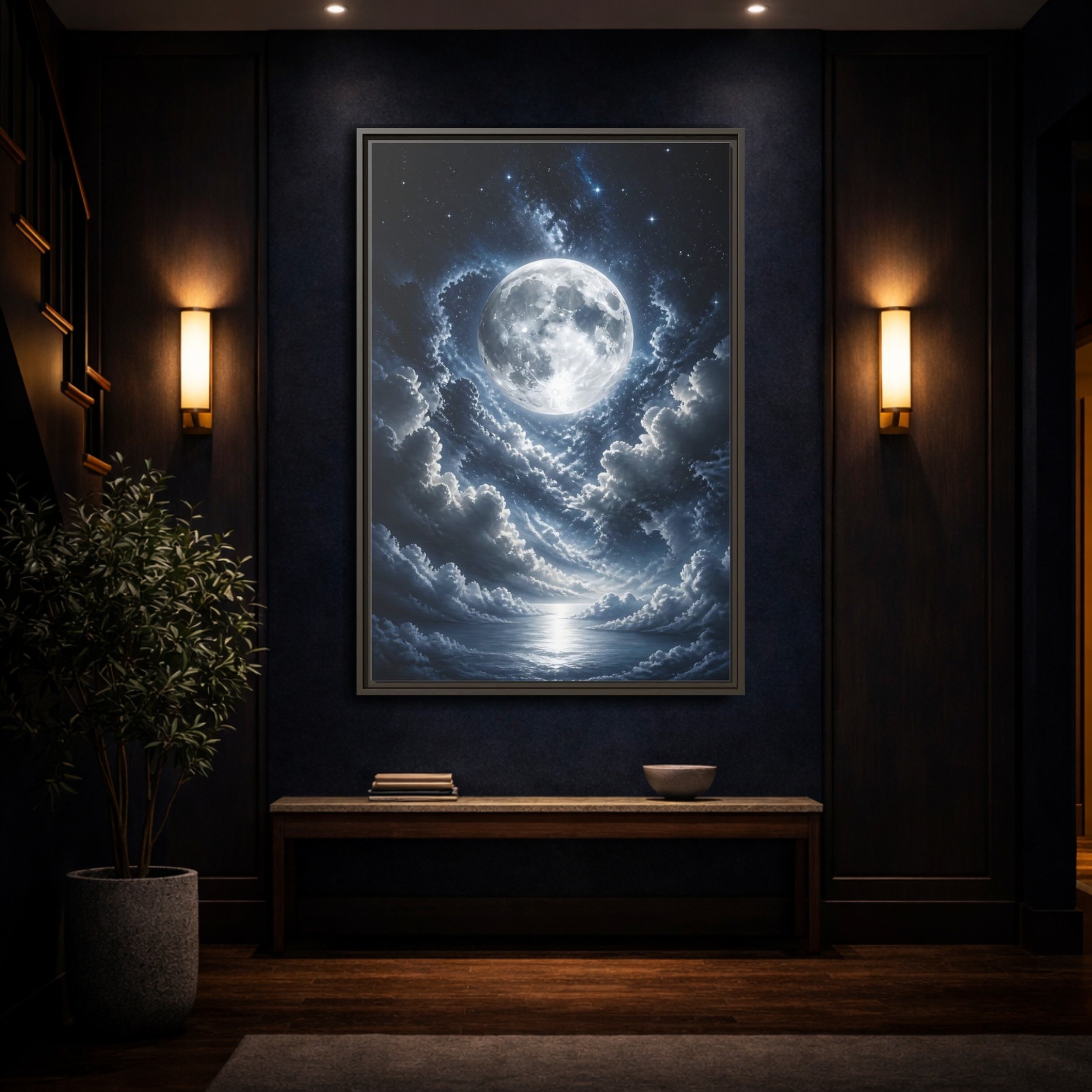 Mockup 4. Nature Full Moon Moonlit Night shown as stretched canvas wall art