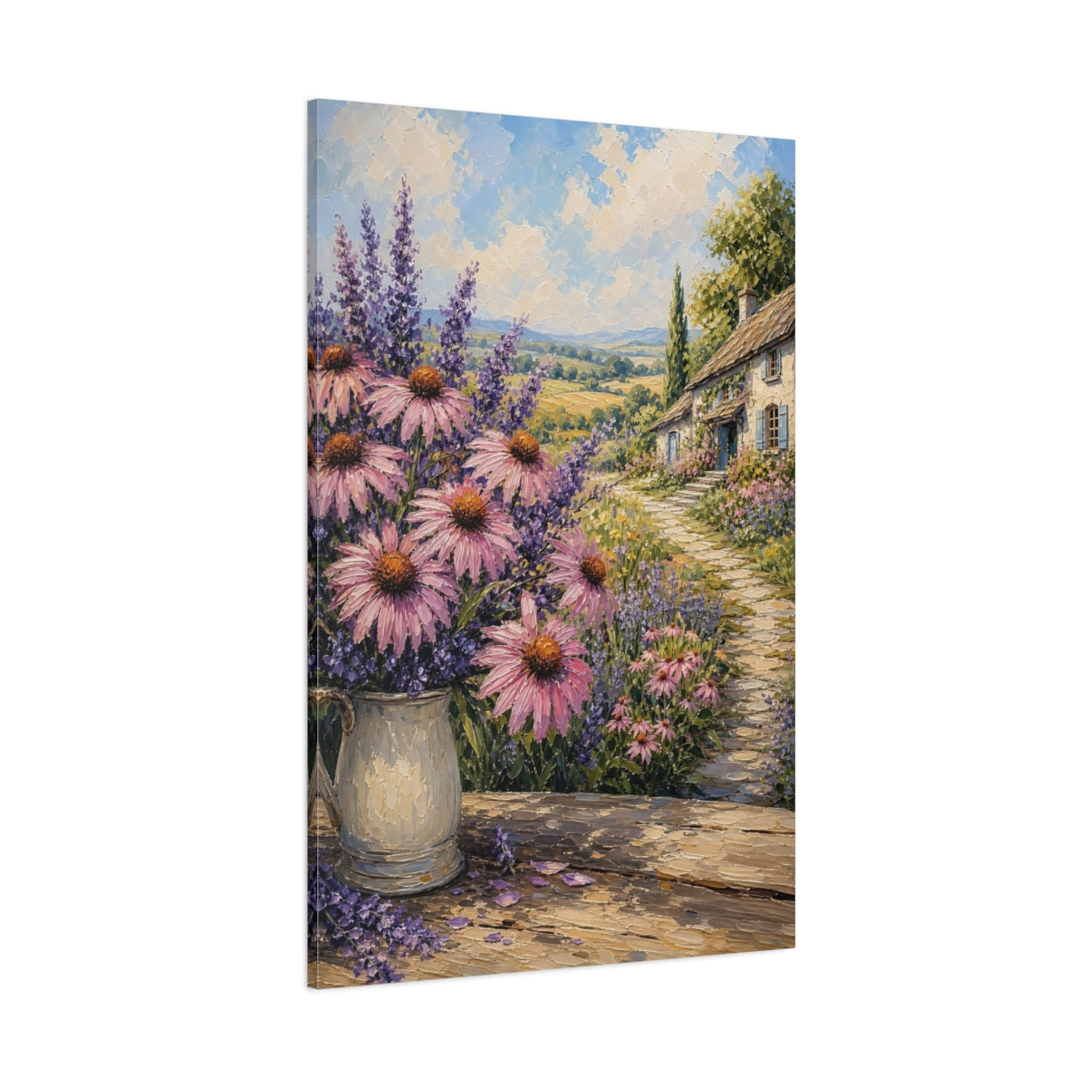 Side Mockup 1. Nature Garden Flowers Pink Lavender Landscape shown as stretched canvas wall art