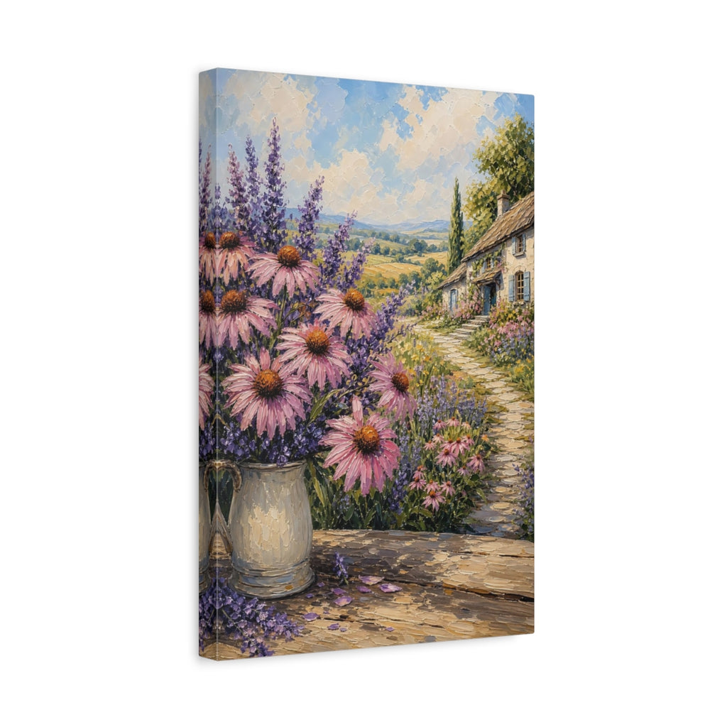 Side Mockup 4. Nature Garden Flowers Pink Lavender Landscape shown as stretched canvas wall art