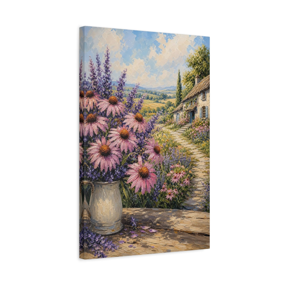 Side Mockup 3. Nature Garden Flowers Pink Lavender Landscape shown as stretched canvas wall art