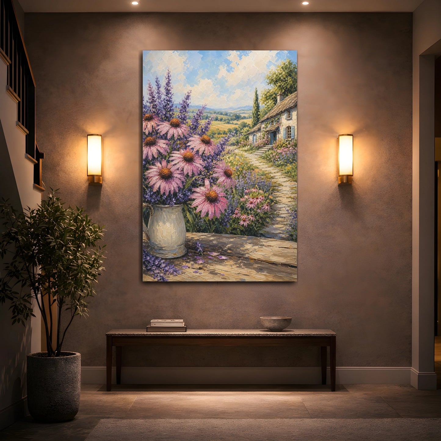 Mockup 2. Nature Garden Flowers Pink Lavender Landscape shown as stretched canvas wall art