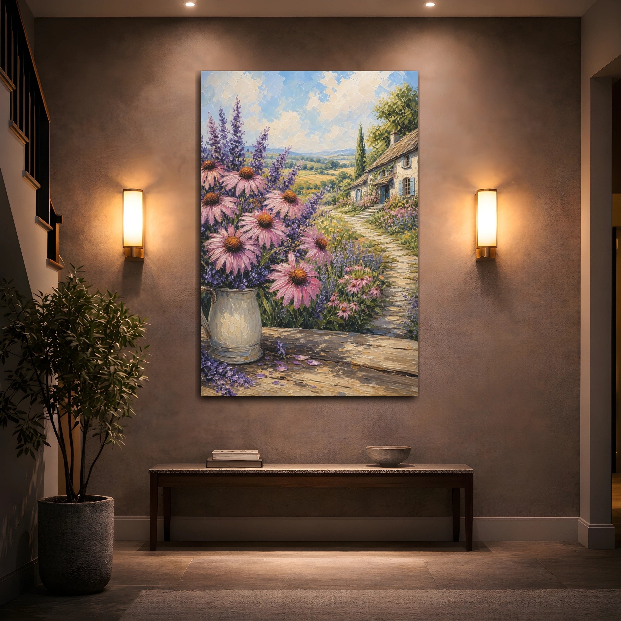 Mockup 2. Nature Garden Flowers Pink Lavender Landscape shown as stretched canvas wall art