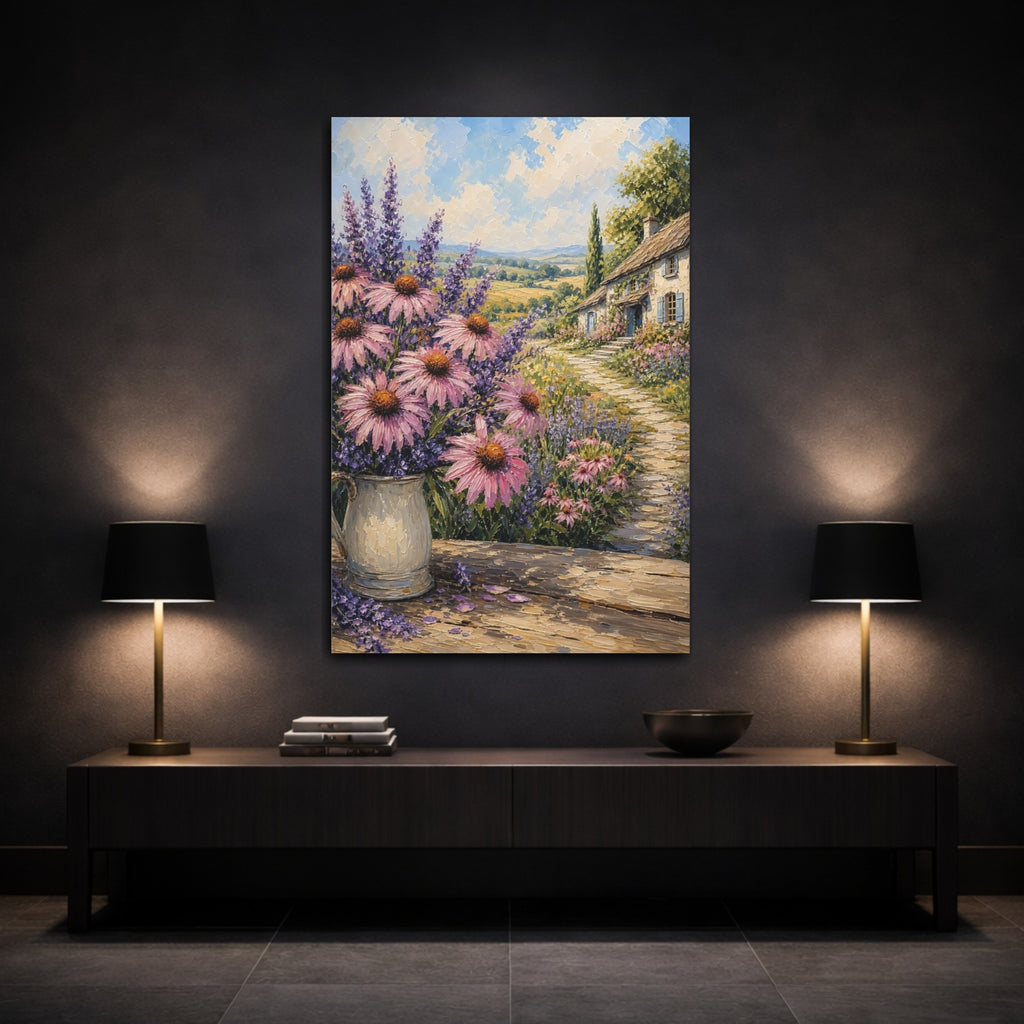 Mockup 3. Nature Garden Flowers Pink Lavender Landscape shown as stretched canvas wall art
