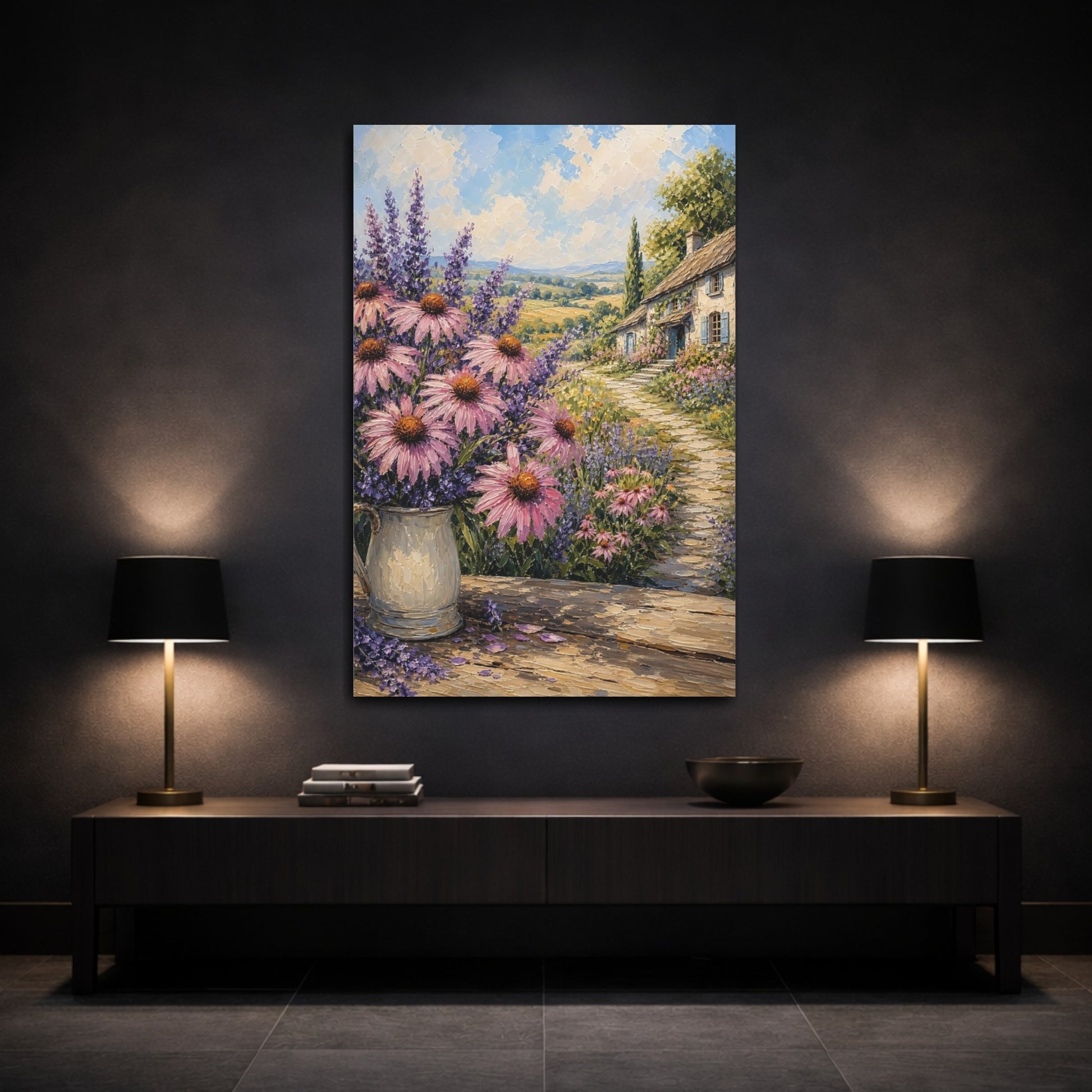 Mockup 3. Nature Garden Flowers Pink Lavender Landscape shown as stretched canvas wall art